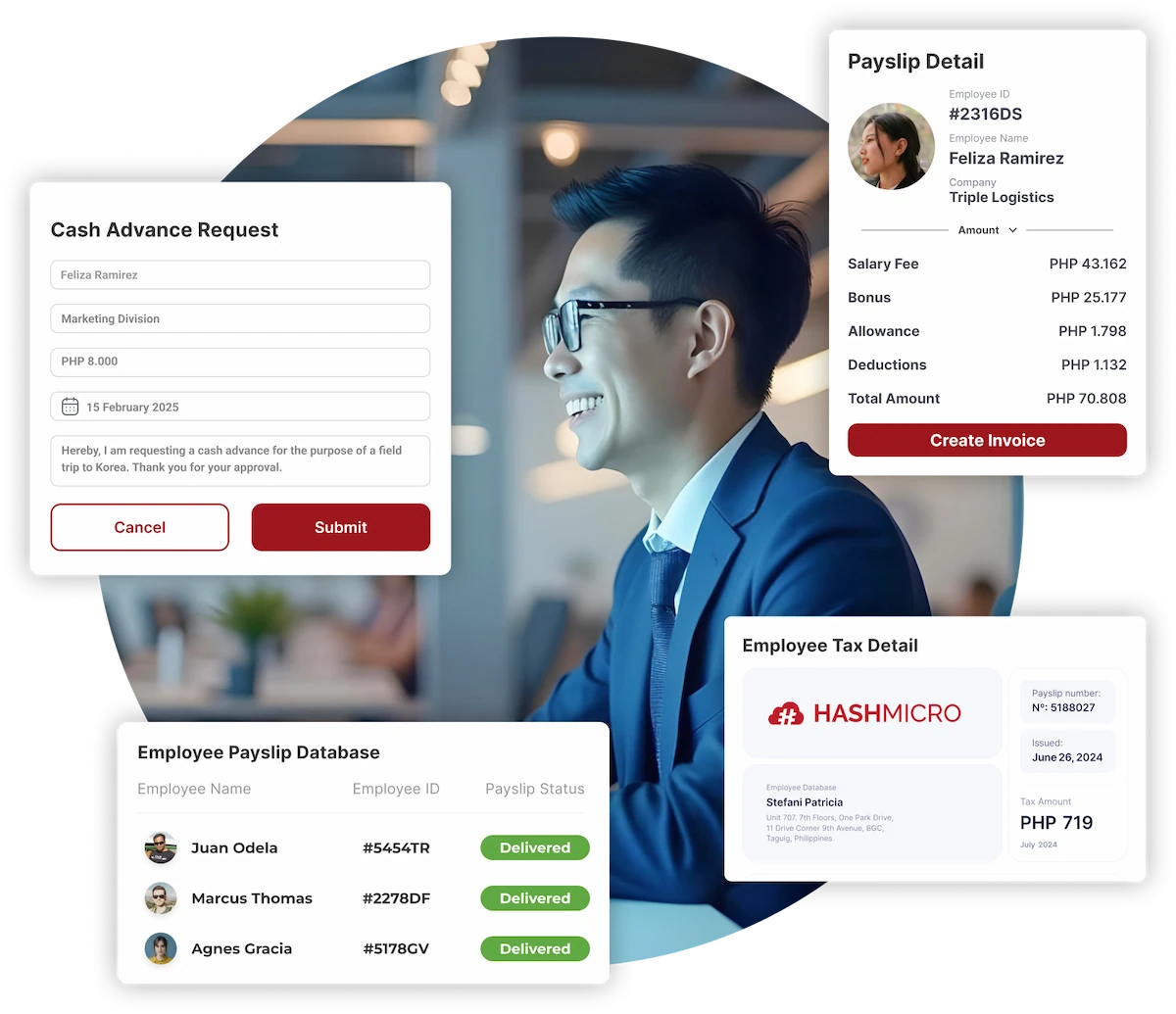 HashMicro payroll software Philippines dashboard showing payslip detail, cash advance request, employee payslip database, and employee tax detail