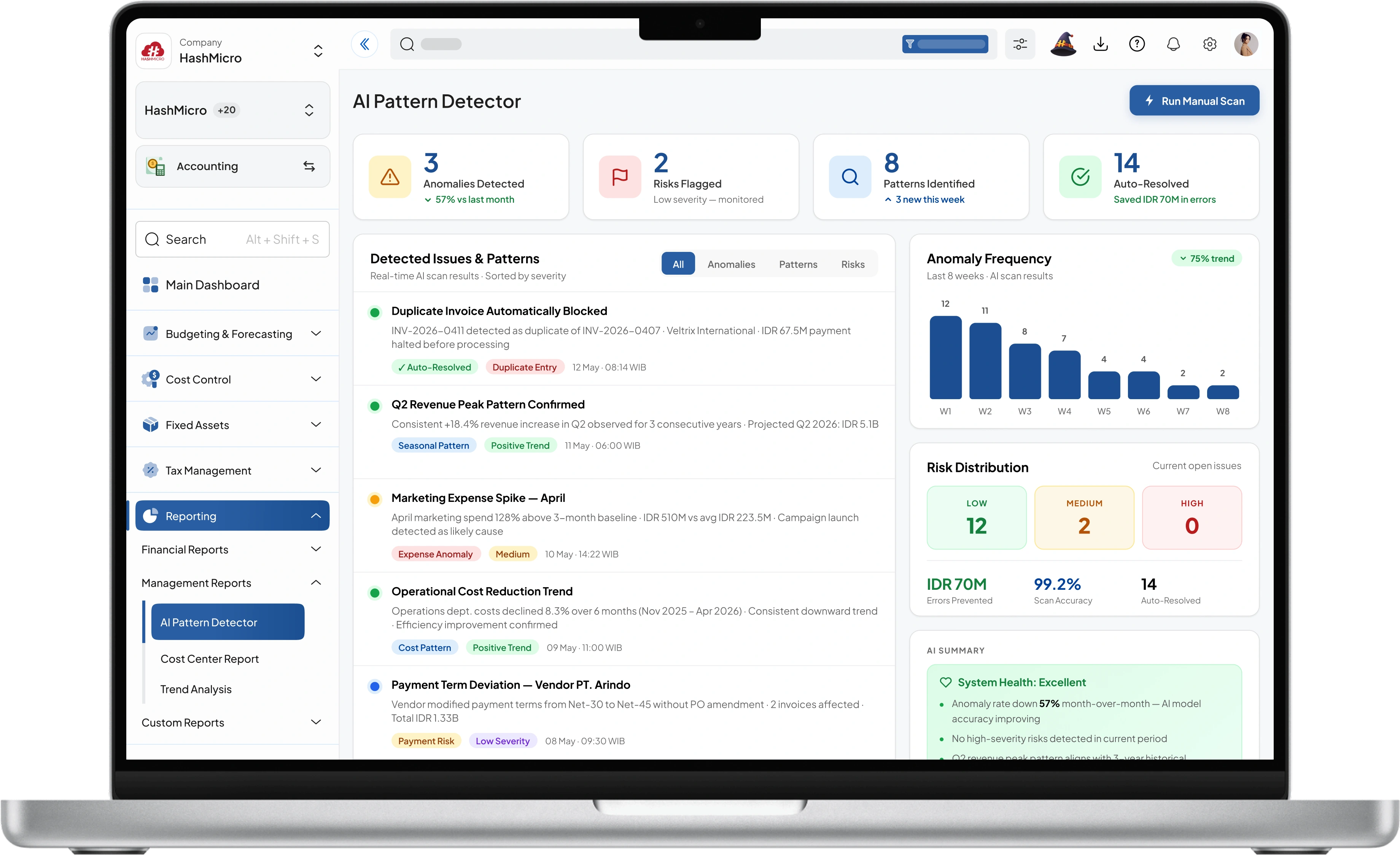 Dashboard sistem accounting HashMicro untuk Detektor Pola AI