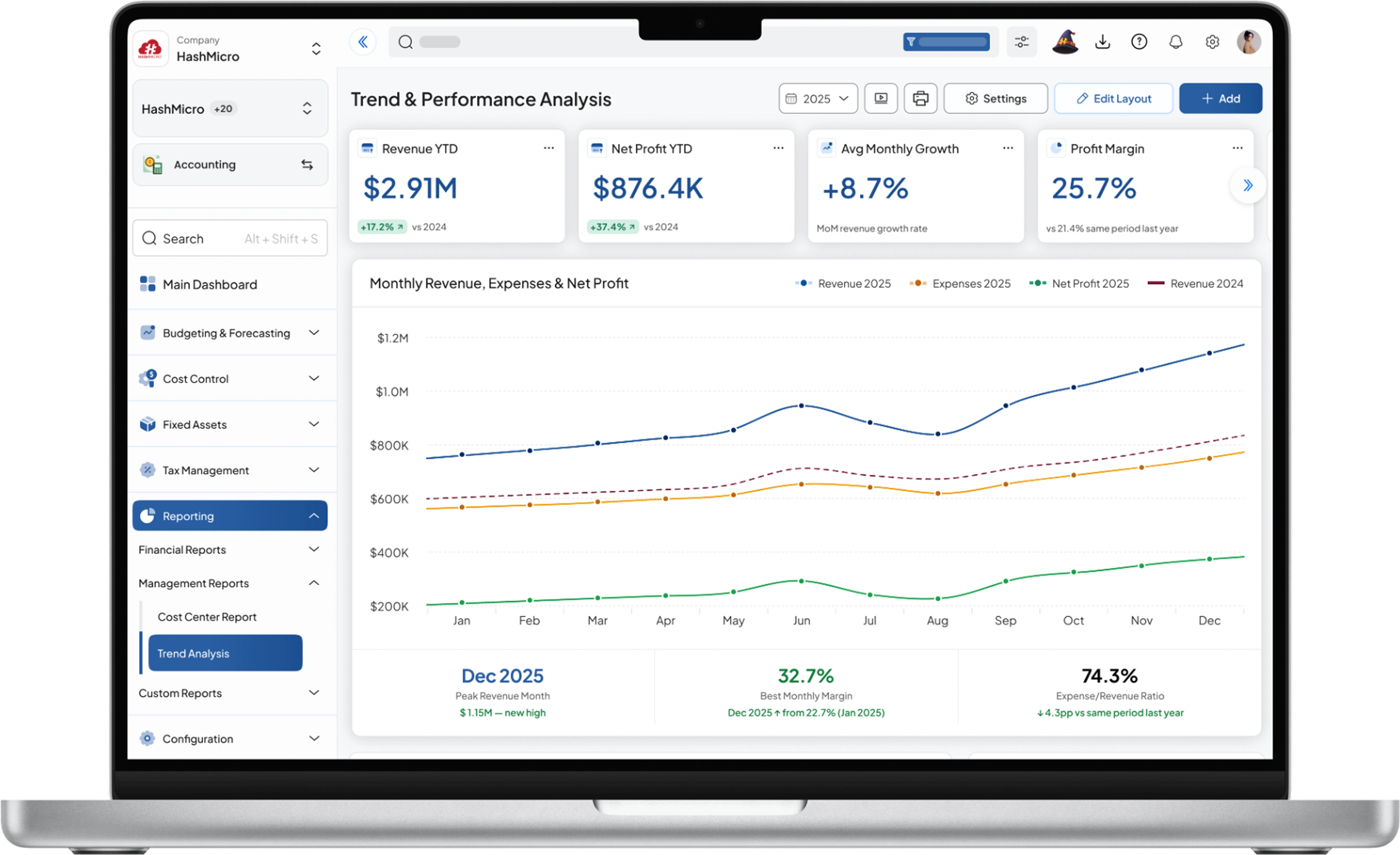 accounting dashboard HashMicro for Trend & Performance Analysis