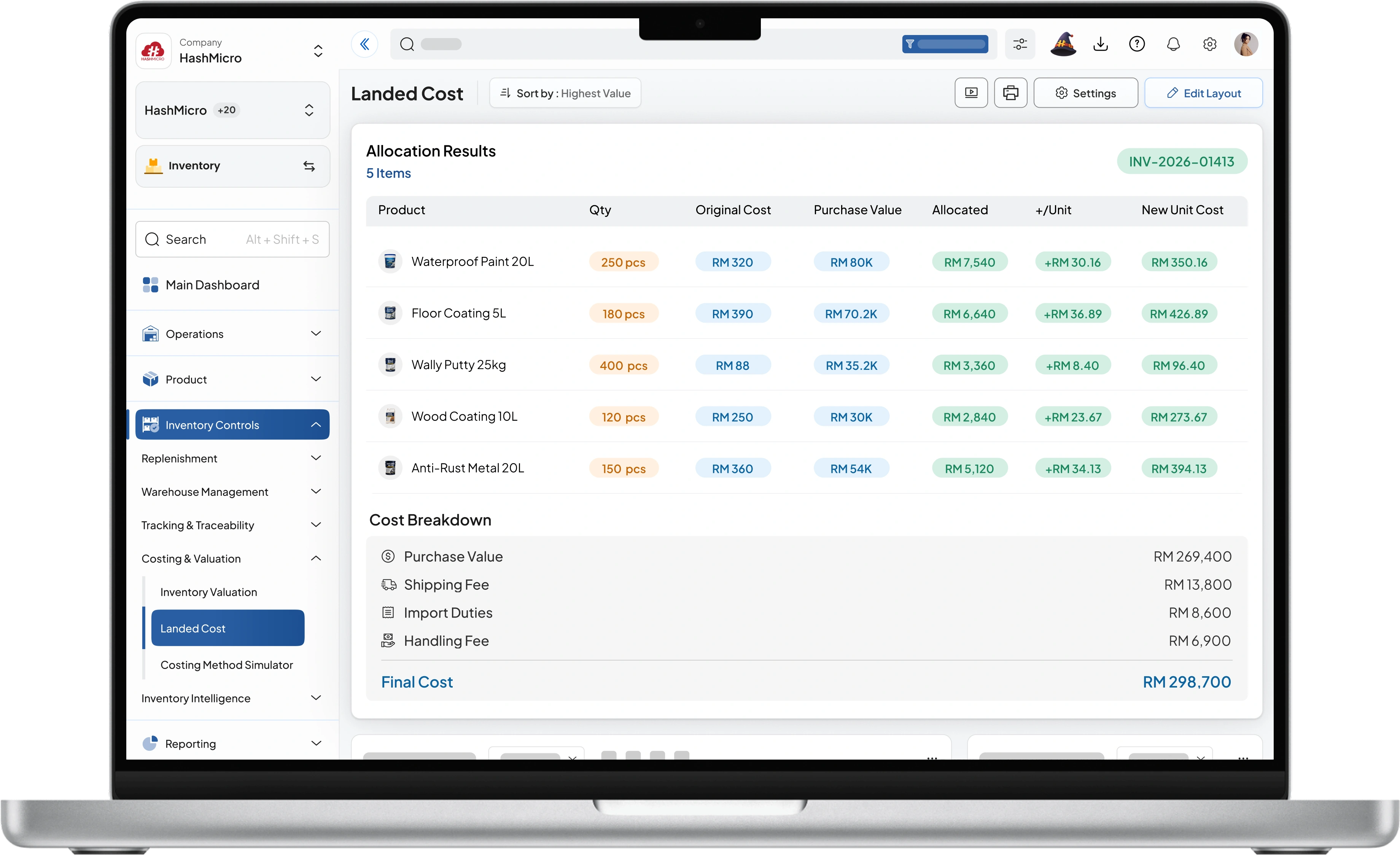 inventory dashboard HashMicro for Landed Cost Allocation