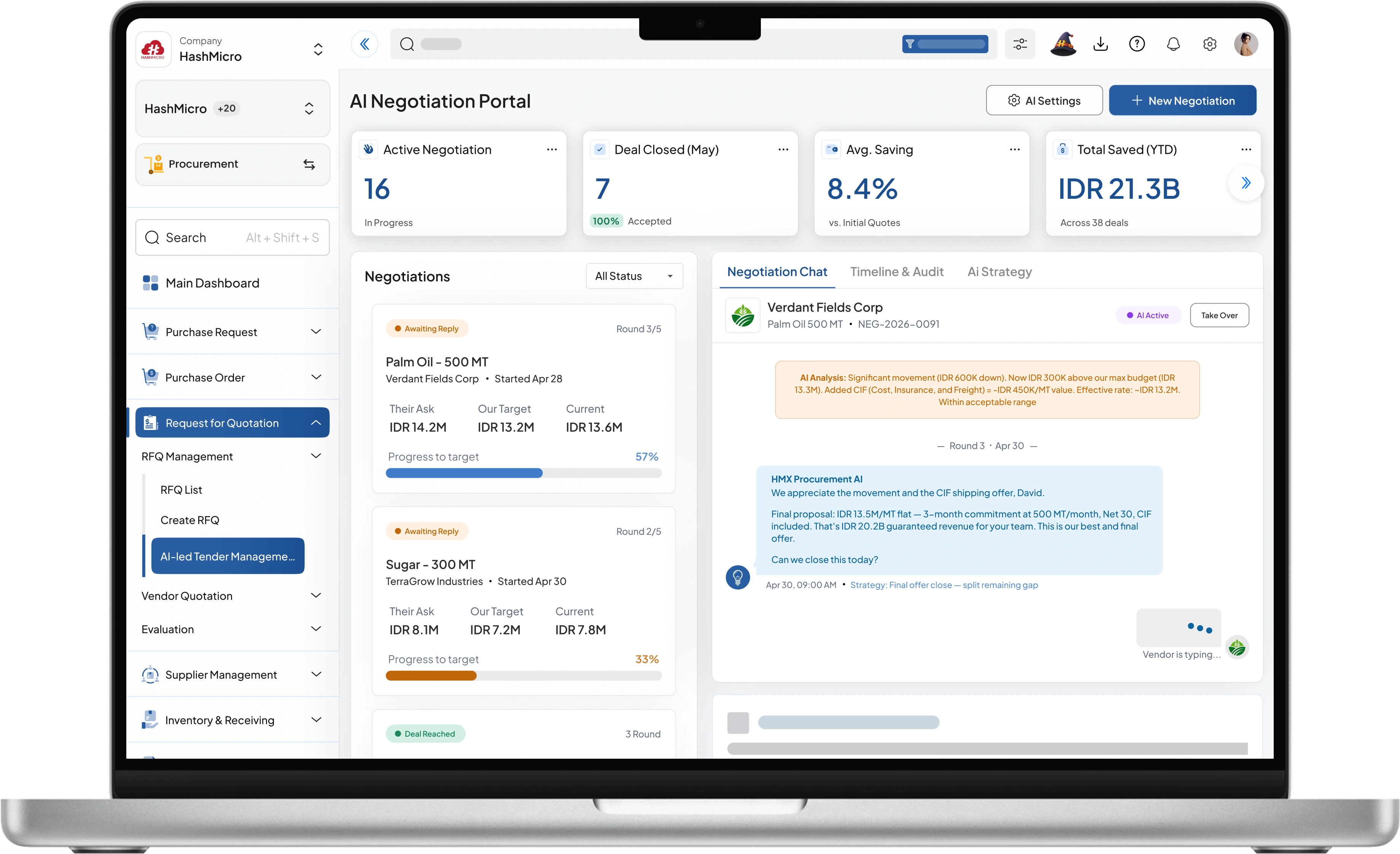 Dashboard sistem procurement HashMicro untuk Scorecard & Rating Pemasok