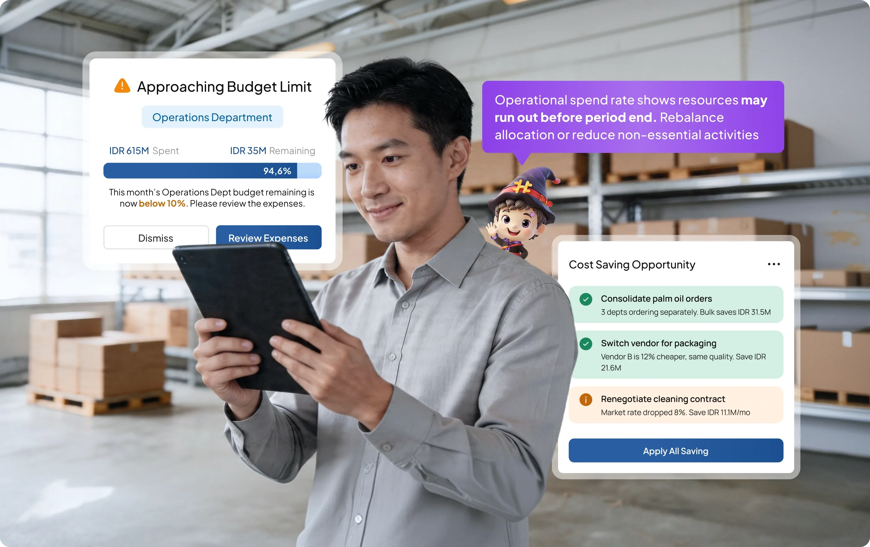 Tampilan modul Pemantauan Anggaran vs Aktual pada sistem procurement HashMicro