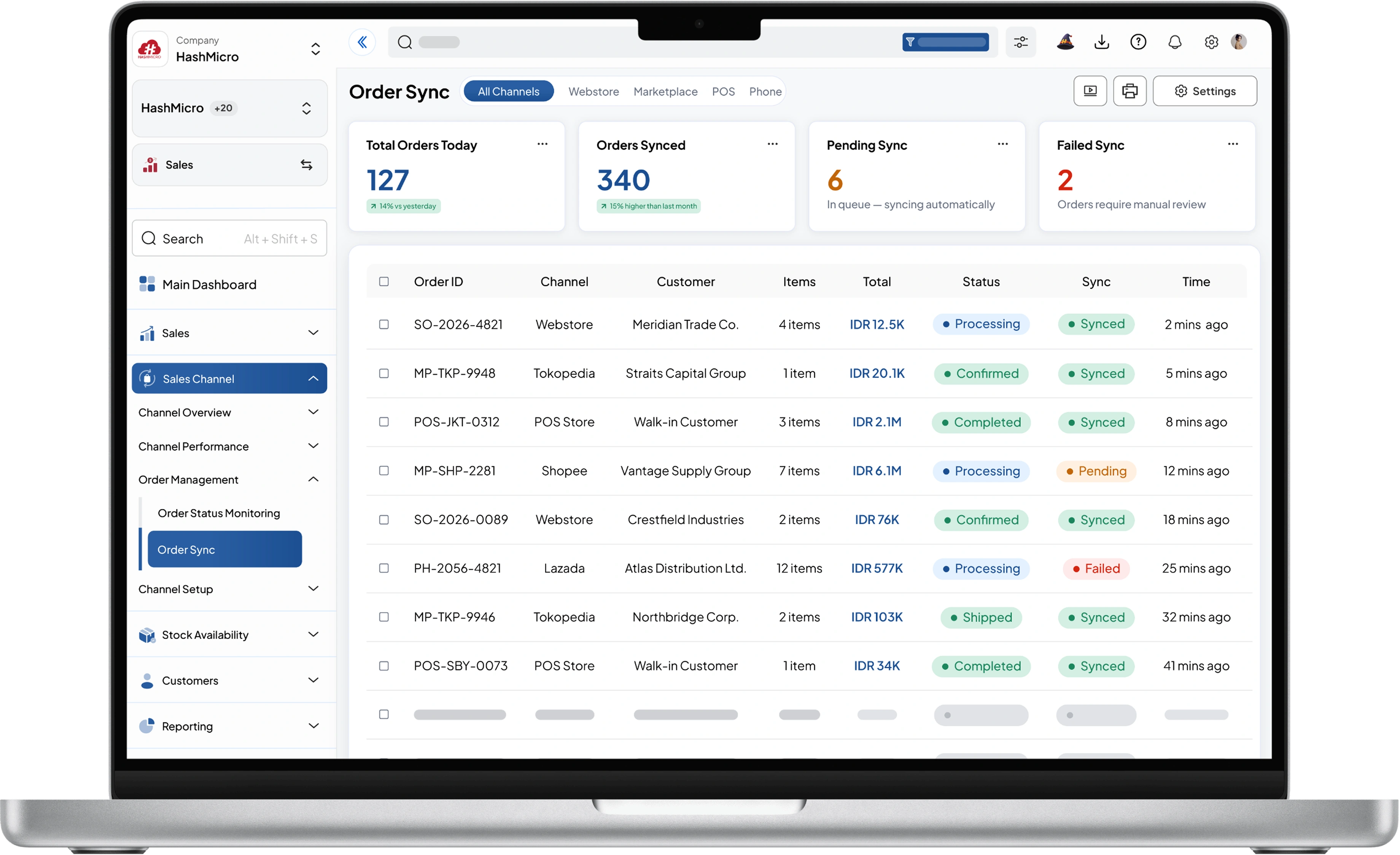 Dashboard sistem sales HashMicro untuk Sinkronisasi Order Multi-Channel
