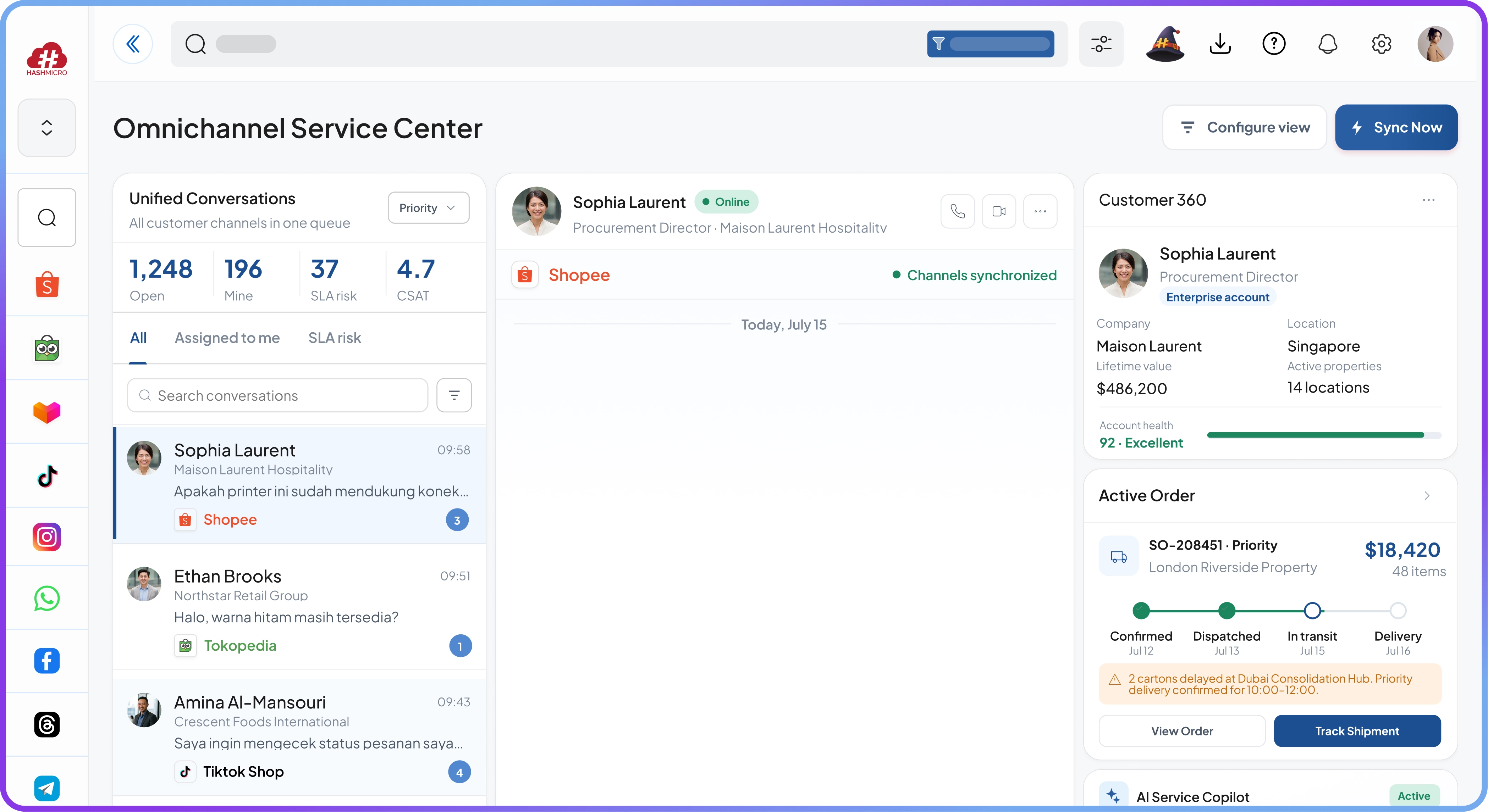 Dashboard Omnichannel Service Center dengan inbox terpadu, konteks pelanggan, dan rekomendasi tindakan AI