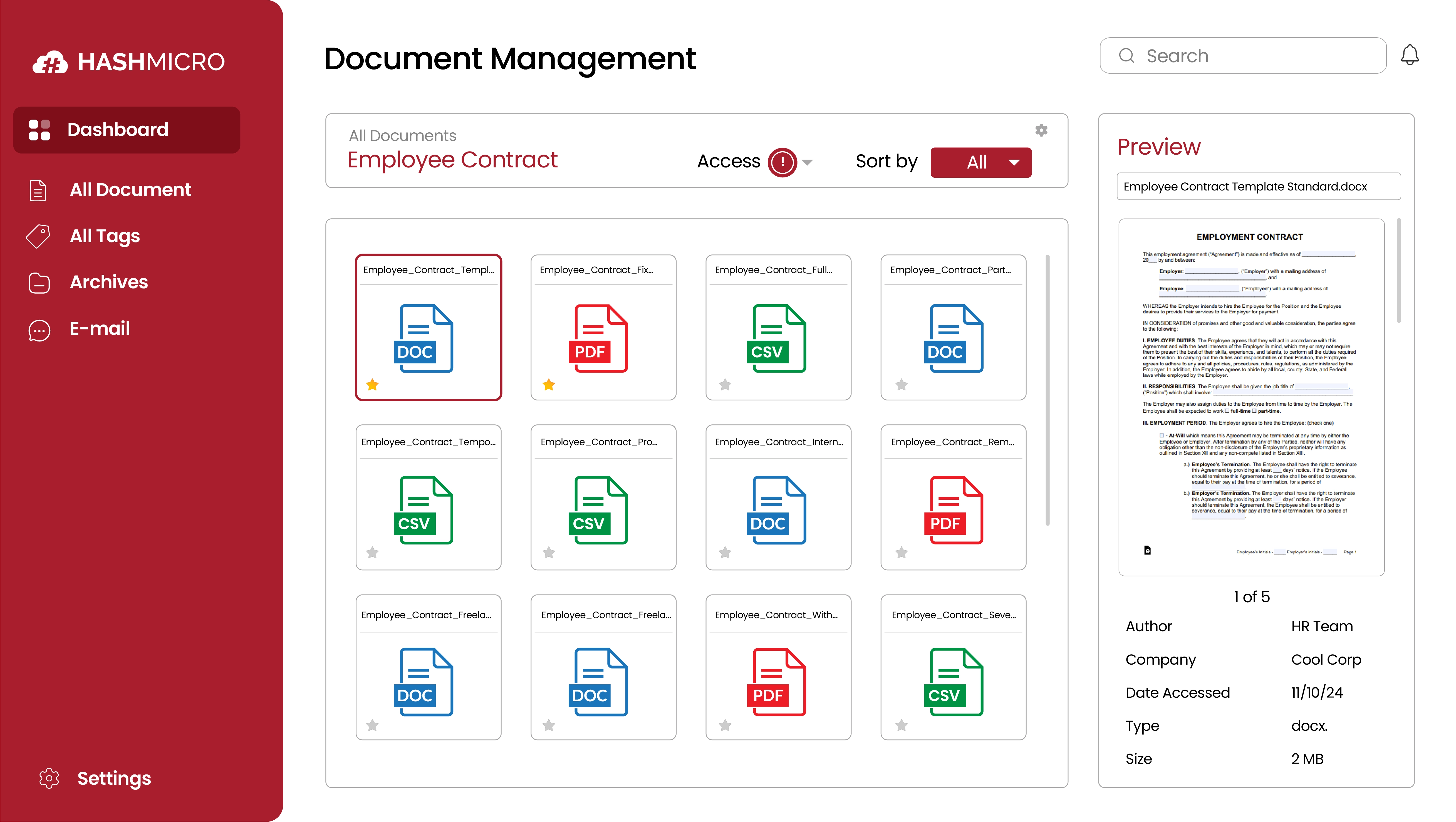 HashMicro Document Management System dashboard showing document storage, file previews, access control, and version tracking