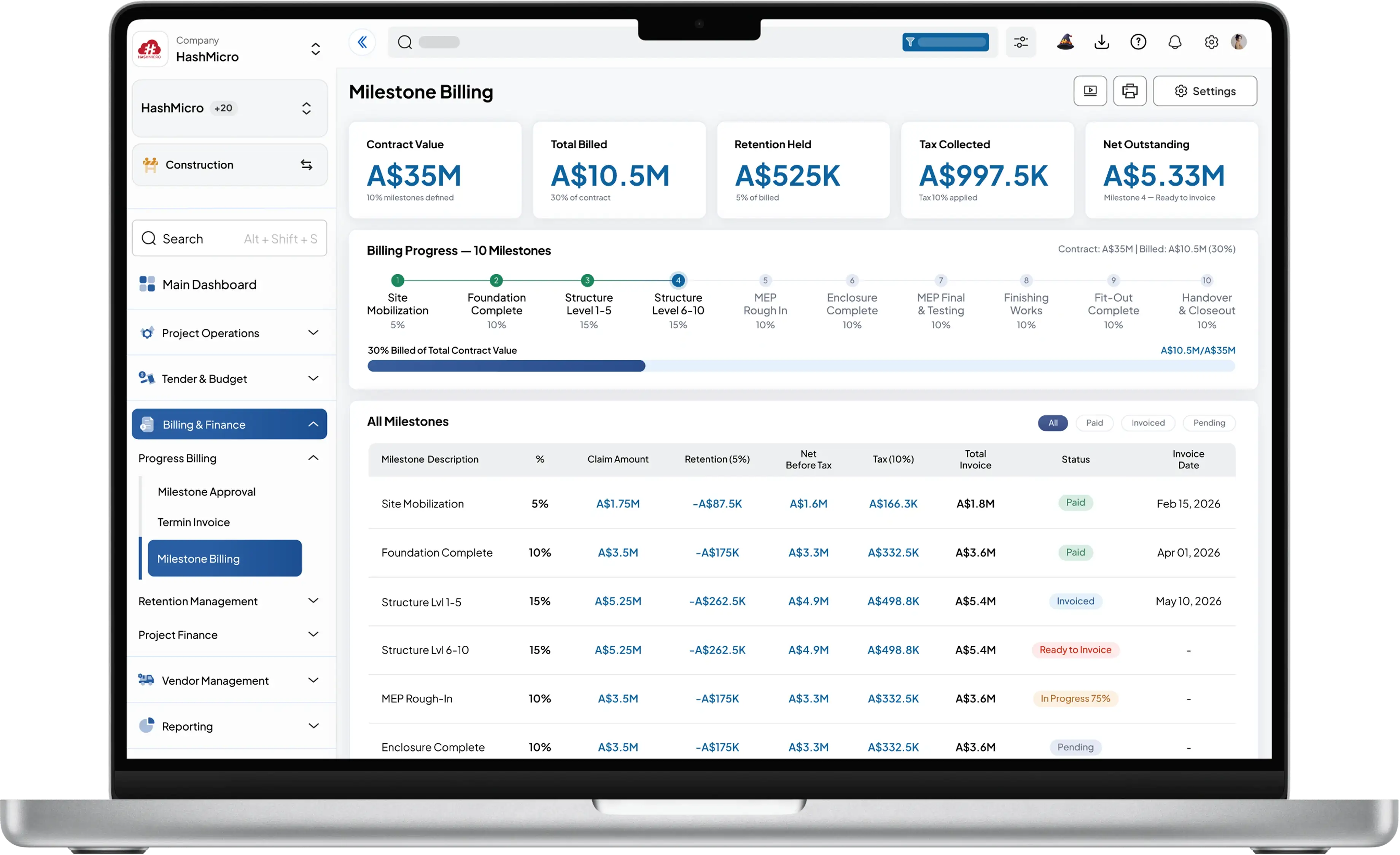 construction dashboard HashMicro for Milestone-Based Progress Billing