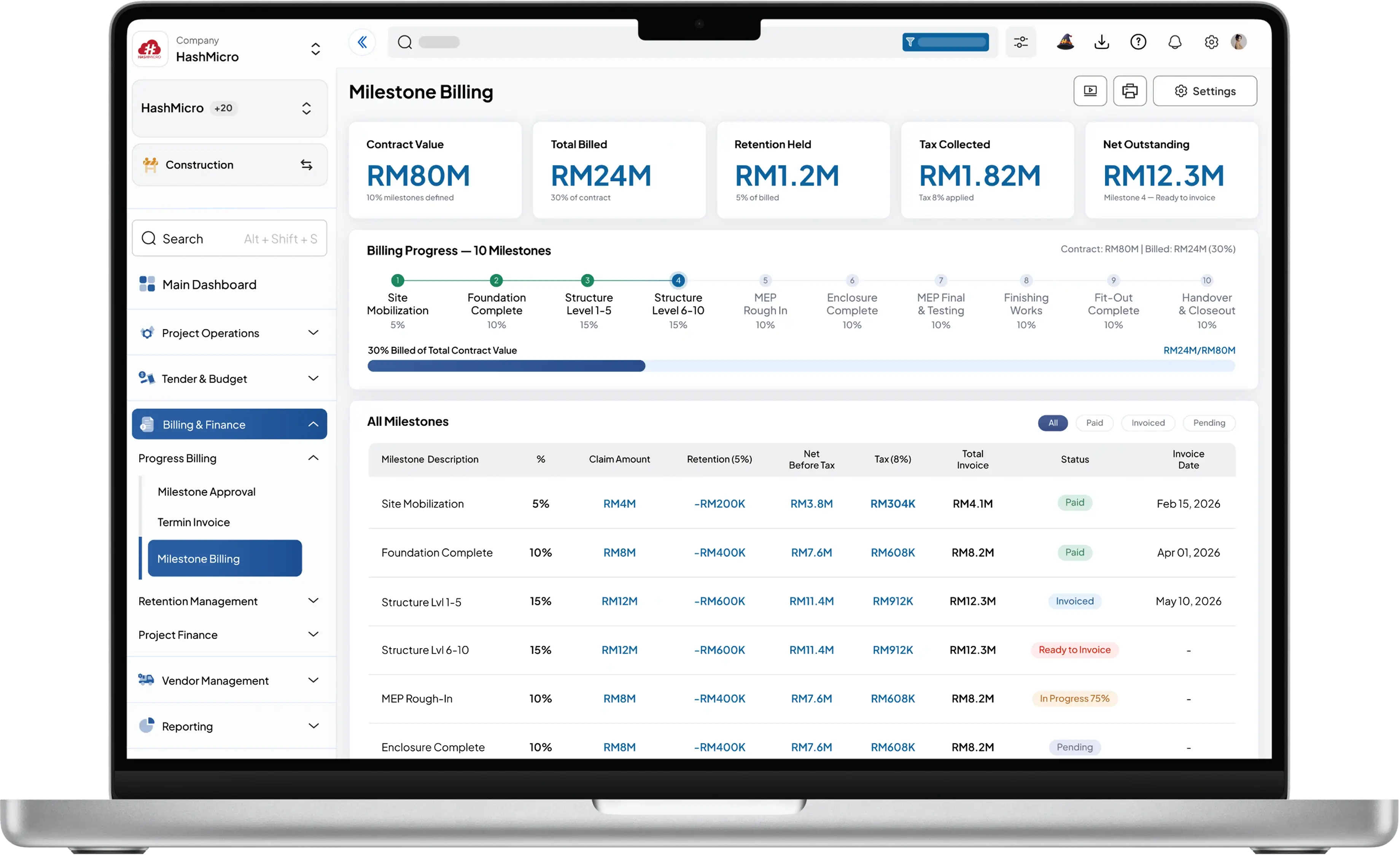 construction dashboard HashMicro for Milestone-Based Progress Billing