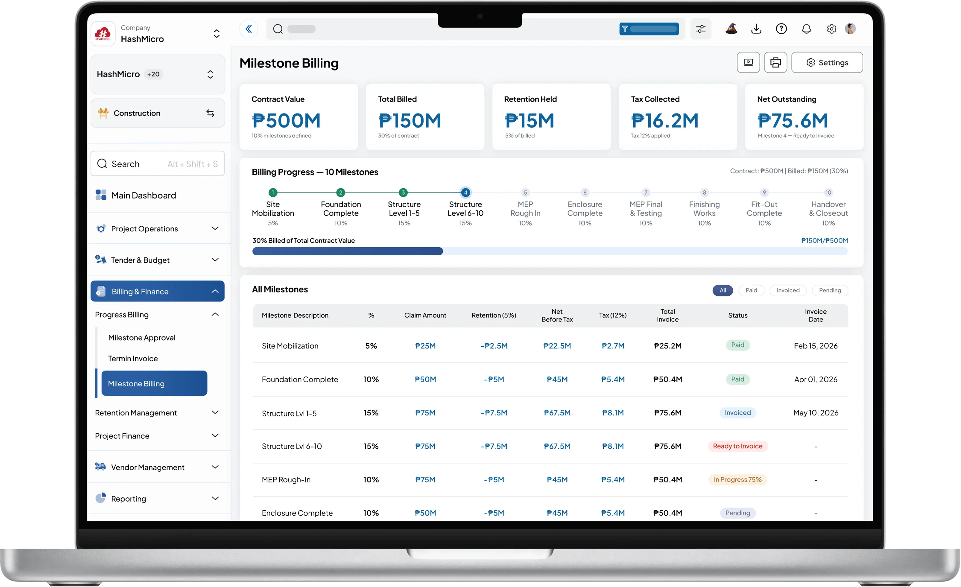 construction dashboard HashMicro for Milestone-Based Progress Billing