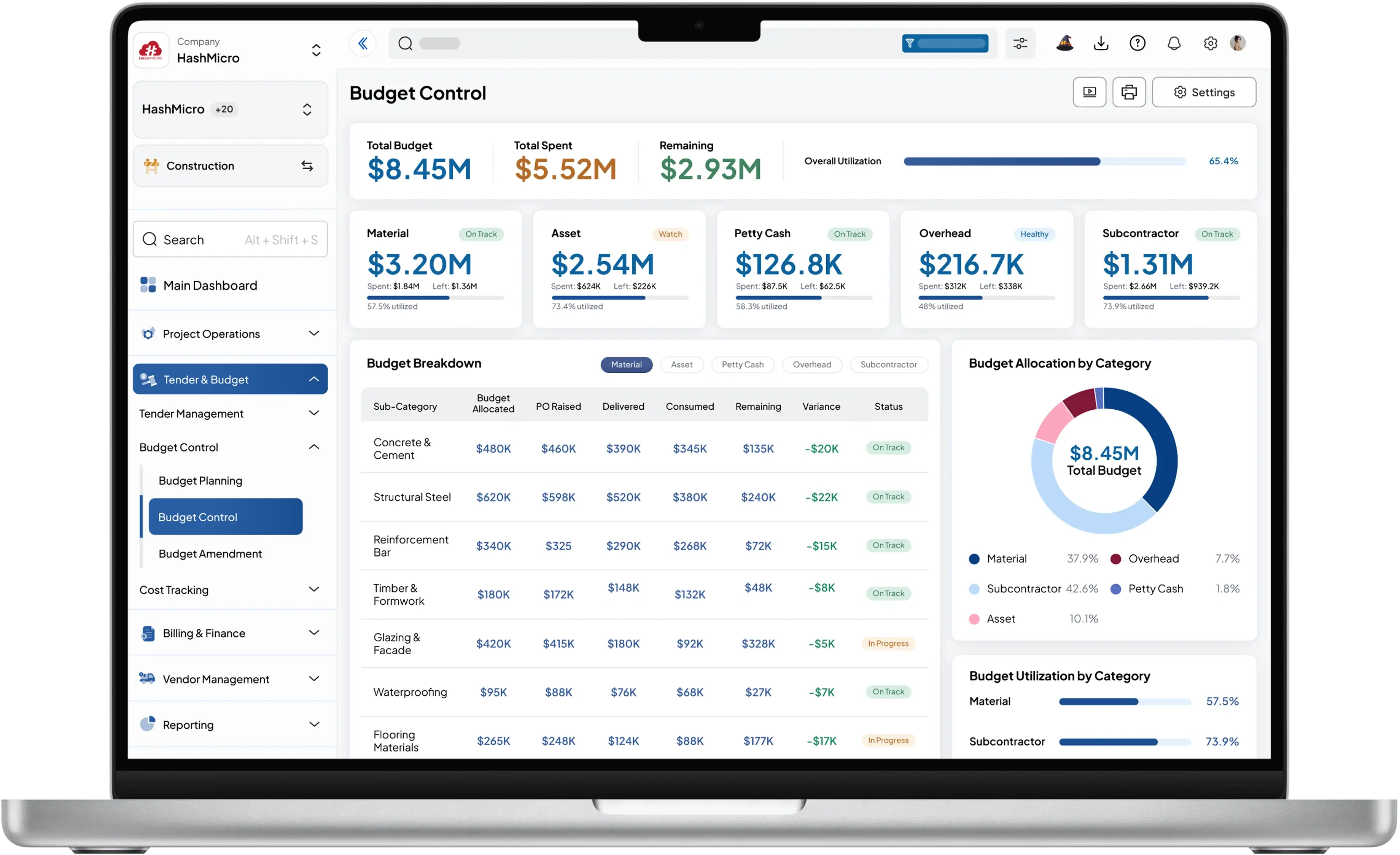 construction dashboard HashMicro for Multi-Category Project Budgeting