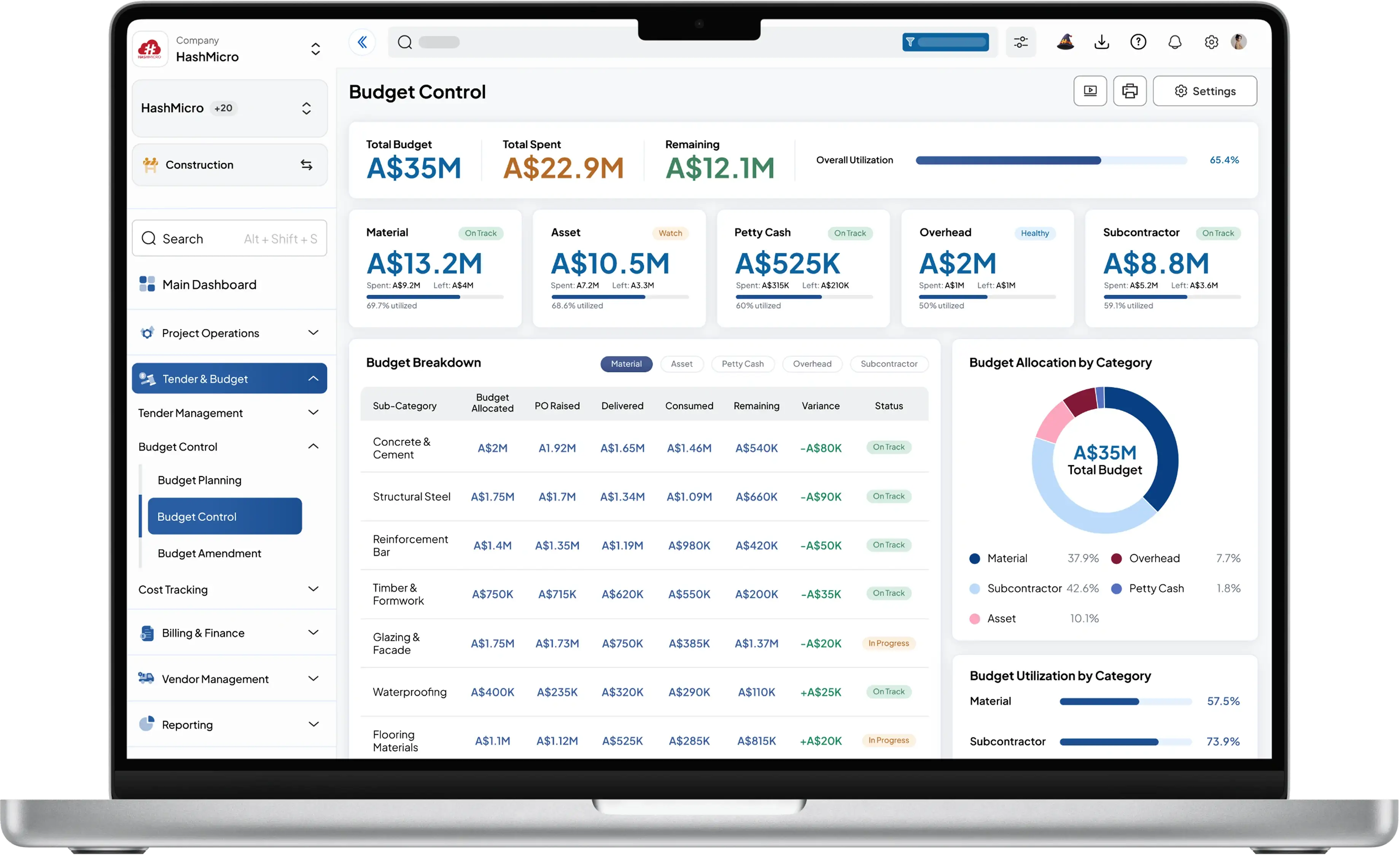 construction dashboard HashMicro for Multi-Category Project Budgeting