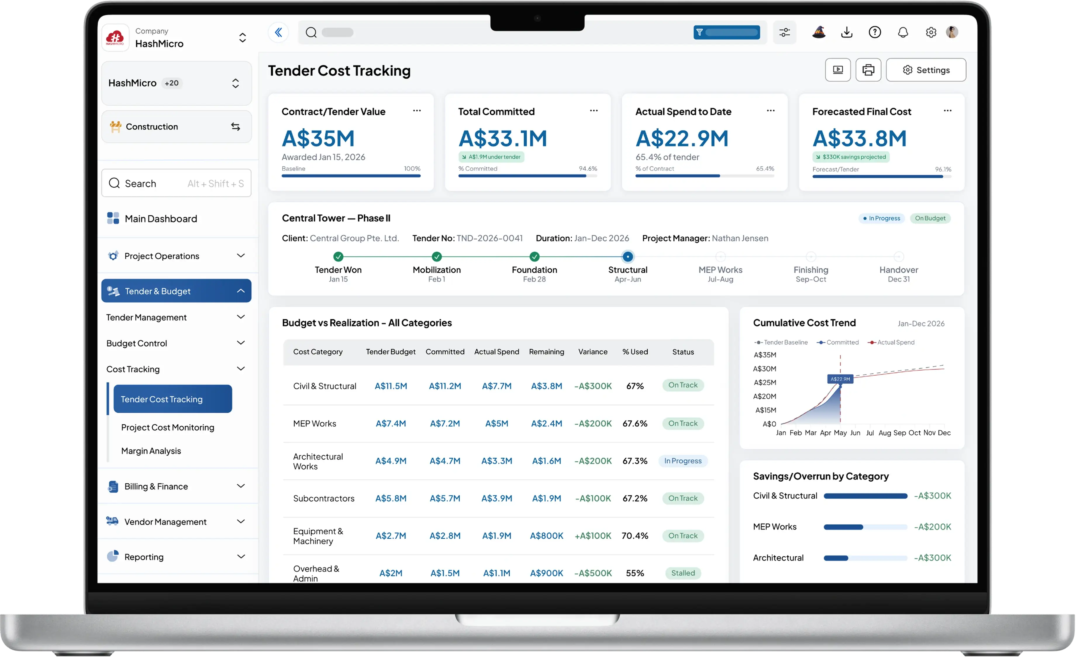 construction dashboard HashMicro for Tender Budget to Realization Tracking