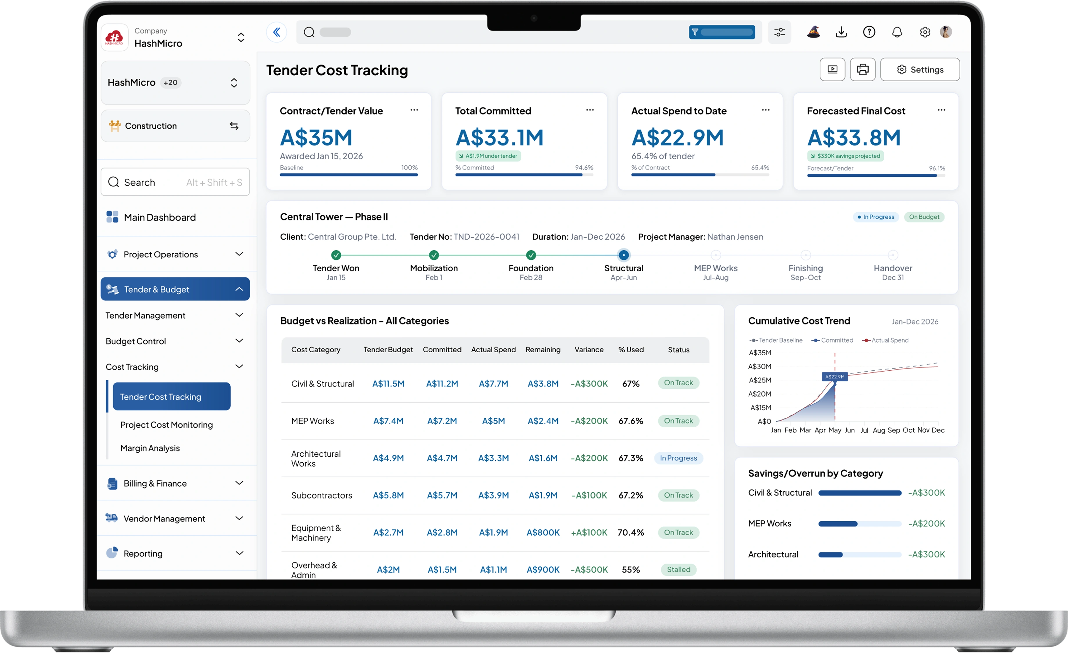 construction dashboard HashMicro for Tender Budget to Realization Tracking