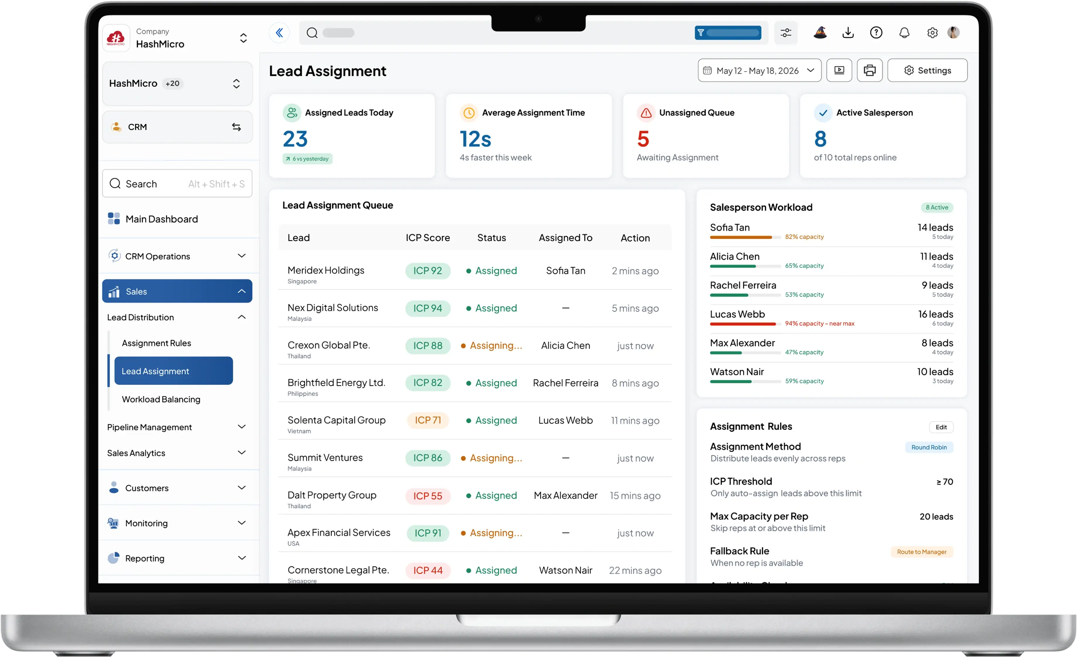 crm dashboard HashMicro for Instant Lead Assignment