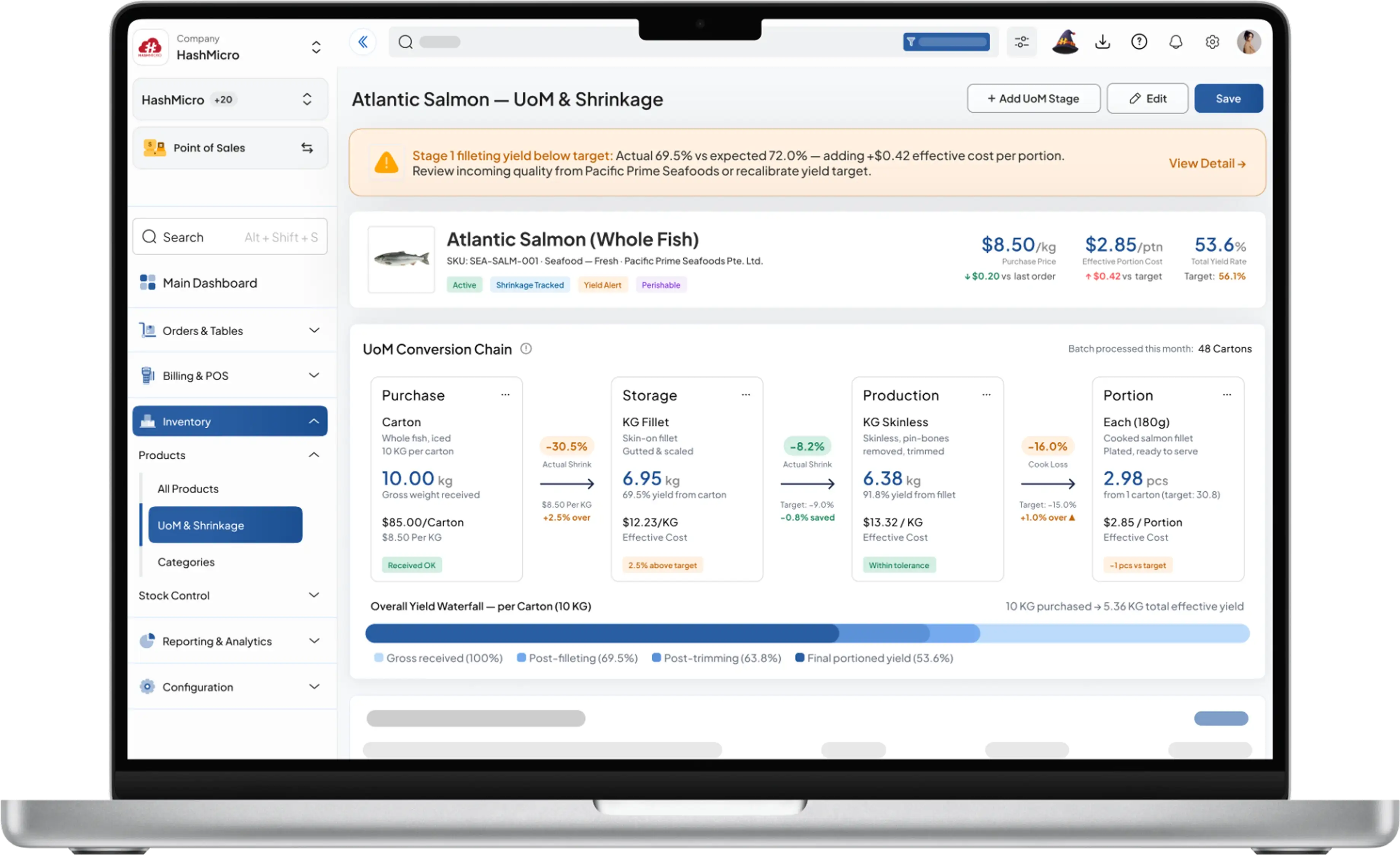 pos f&b dashboard HashMicro for Product UoM with Shrinkage Tracking