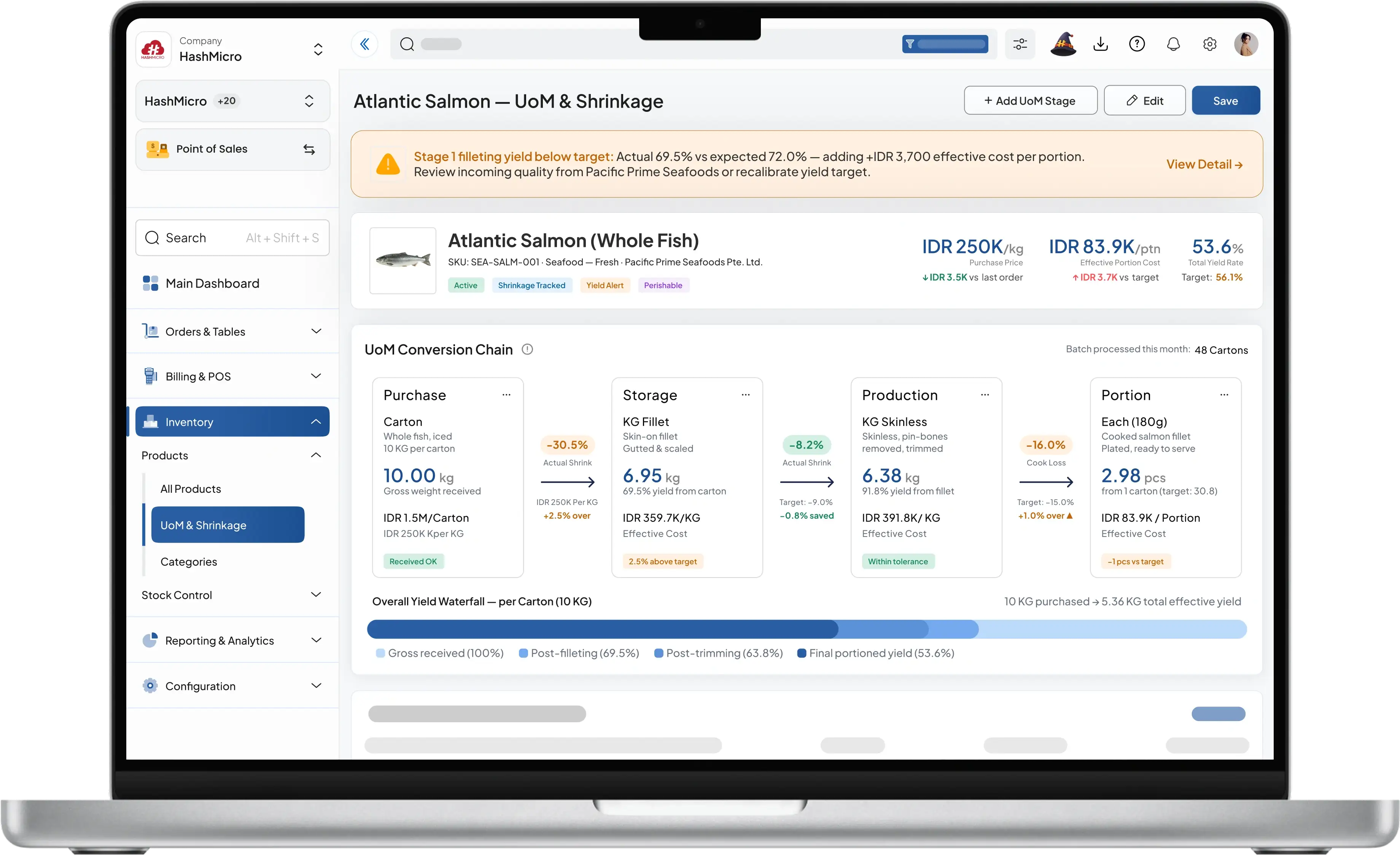 Dashboard sistem pos f&b HashMicro untuk Multi-UoM & Shrinkage Tracking