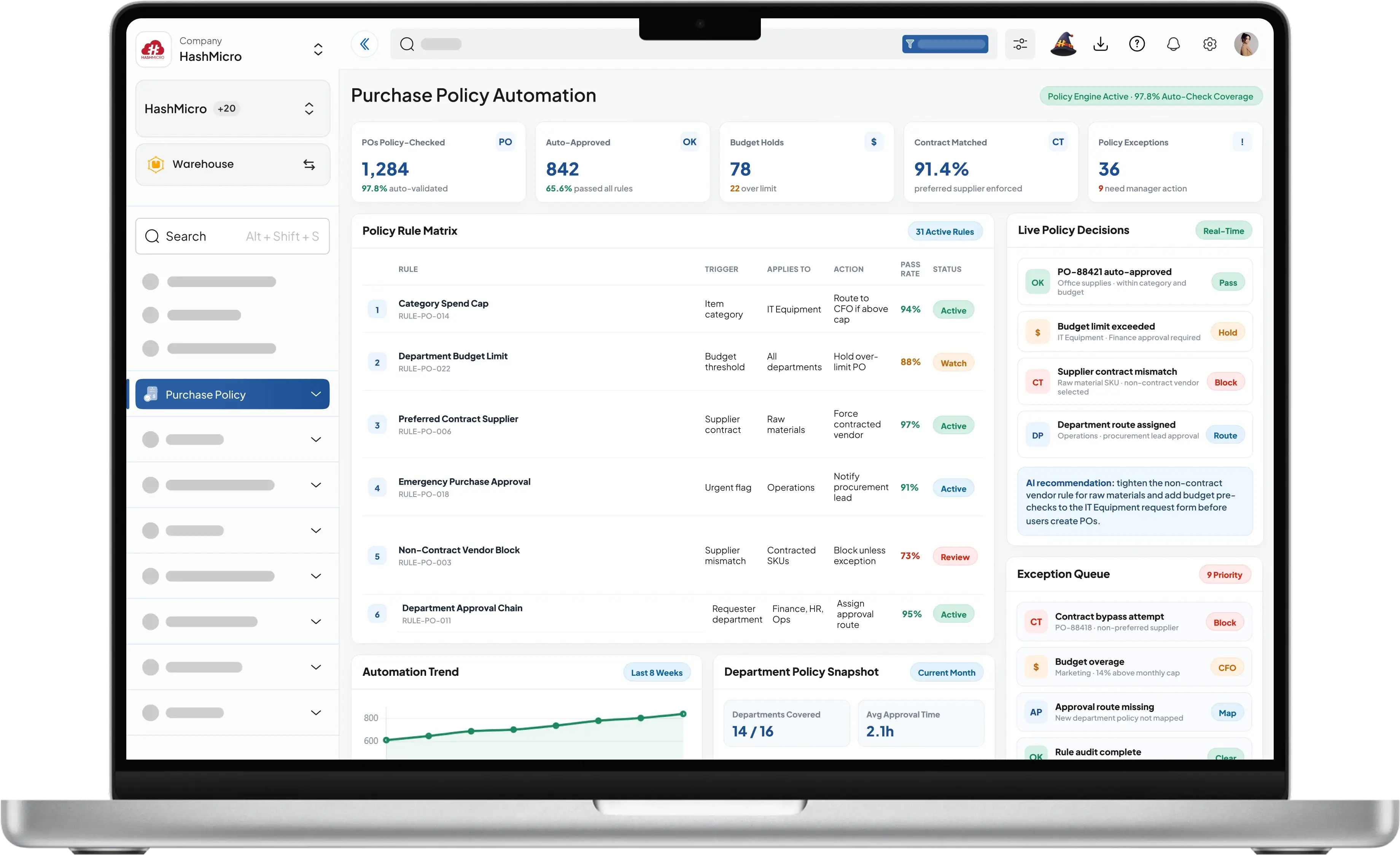 Purchase policy automation dashboard