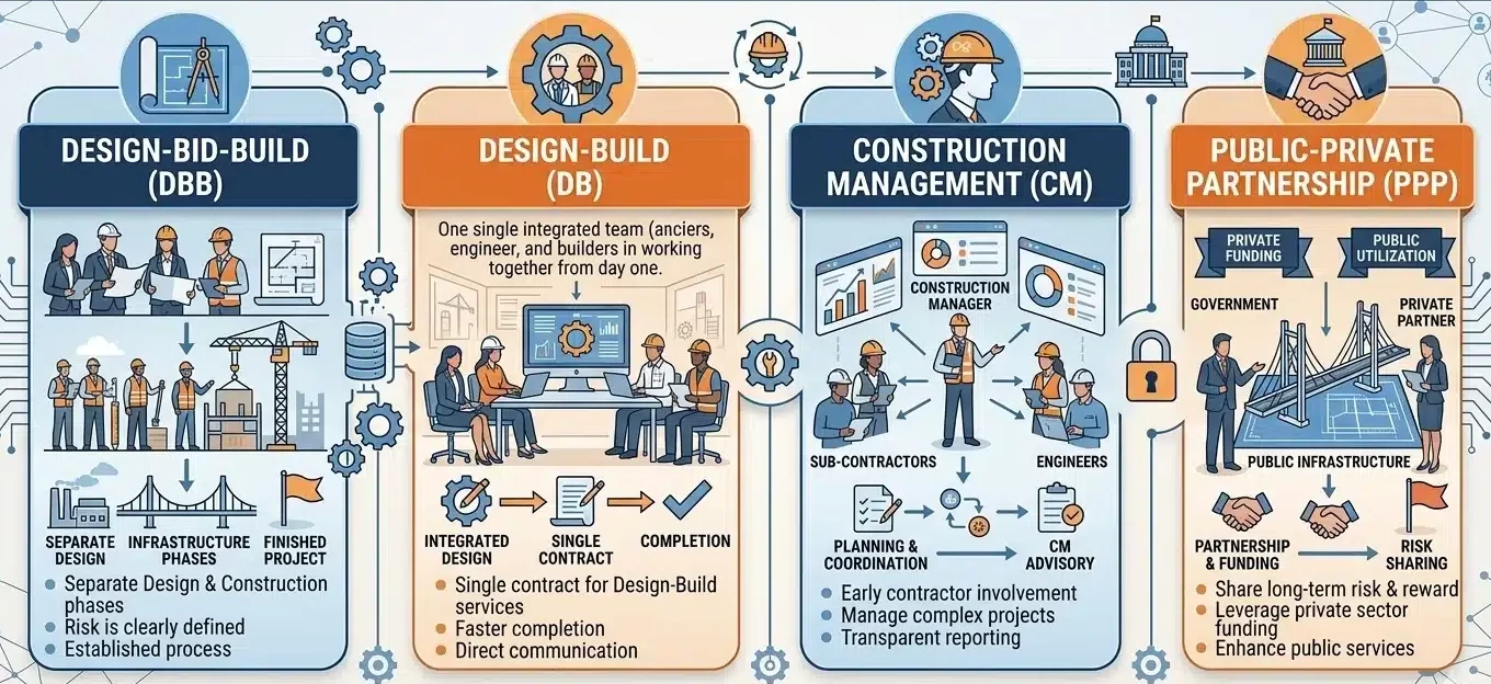 common construction procurement methods including design bid build and design build models