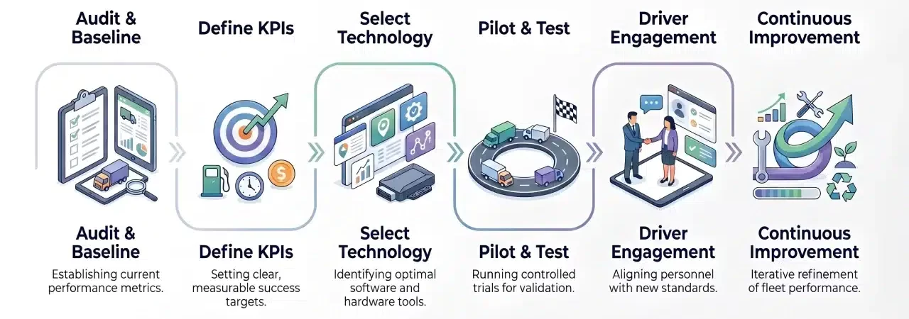 fleet optimization steps from audit and KPI setup to pilot testing and continuous improvement