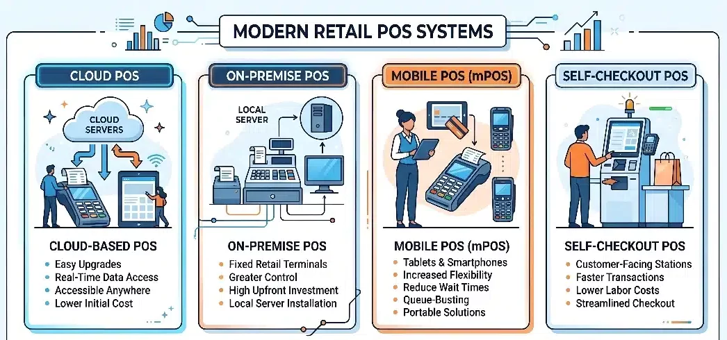 Infographic explaining types of retail POS systems including cloud POS, on-premise POS, mobile POS, and self-checkout systems