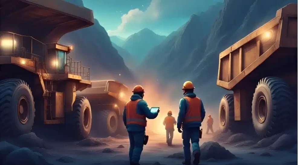 Professional mining operations scene illustrating different types of mining software used across mining activities in a realistic and visually balanced way. Visualise several connected operational areas within a mining environment: - fleet monitoring near haul trucks - maintenance coordination around heavy equipment - geological analysis near terrain or drilling activity - inventory or procurement checking in an operational supply area - safety or compliance inspection activity Each activity should subtly suggest a different type of mining software being used without turning the image into a modular infographic. Include natural digital interaction through rugged tablets, handheld scanners, equipment tracking indicators, maintenance alerts, or operational status visuals integrated into the environment. Focus on showing how different software supports different mining functions across one connected operation. Avoid large flowcharts, boxed sections, or overwhelming interface overlays. Do not include any large title or headline text. IMPORTANT: - Keep the main operational scenes centered in the upper-middle area - Avoid placing elements too high or too low - Leave a modest clean space at the bottom for text placement Use rugged industrial tones with subtle blue-grey digital accents and realistic environmental depth. Semi-illustrative modern B2B style, operational and grounded, not cartoon, not photorealistic --ar 16:9