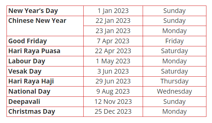 table of singapore public holiday in 2023