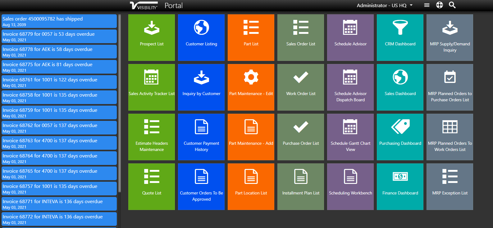 visibility erp dashboard