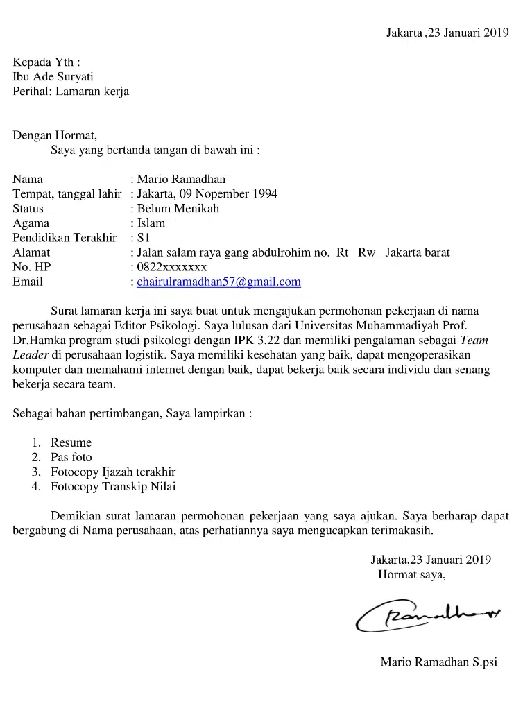 contoh surat lamaran kerja umum