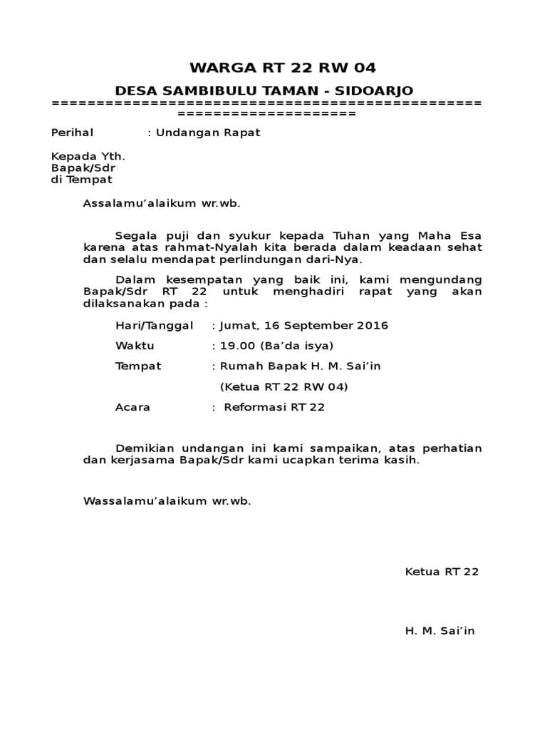 Contoh Surat Undangan Rapat RT/RW