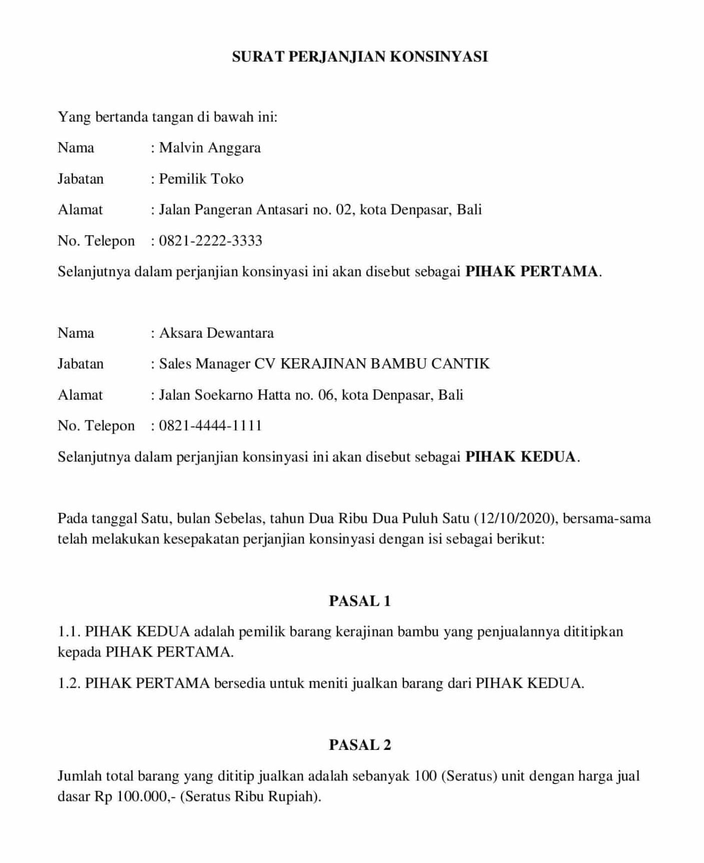 contoh perjanjian konsinyasi