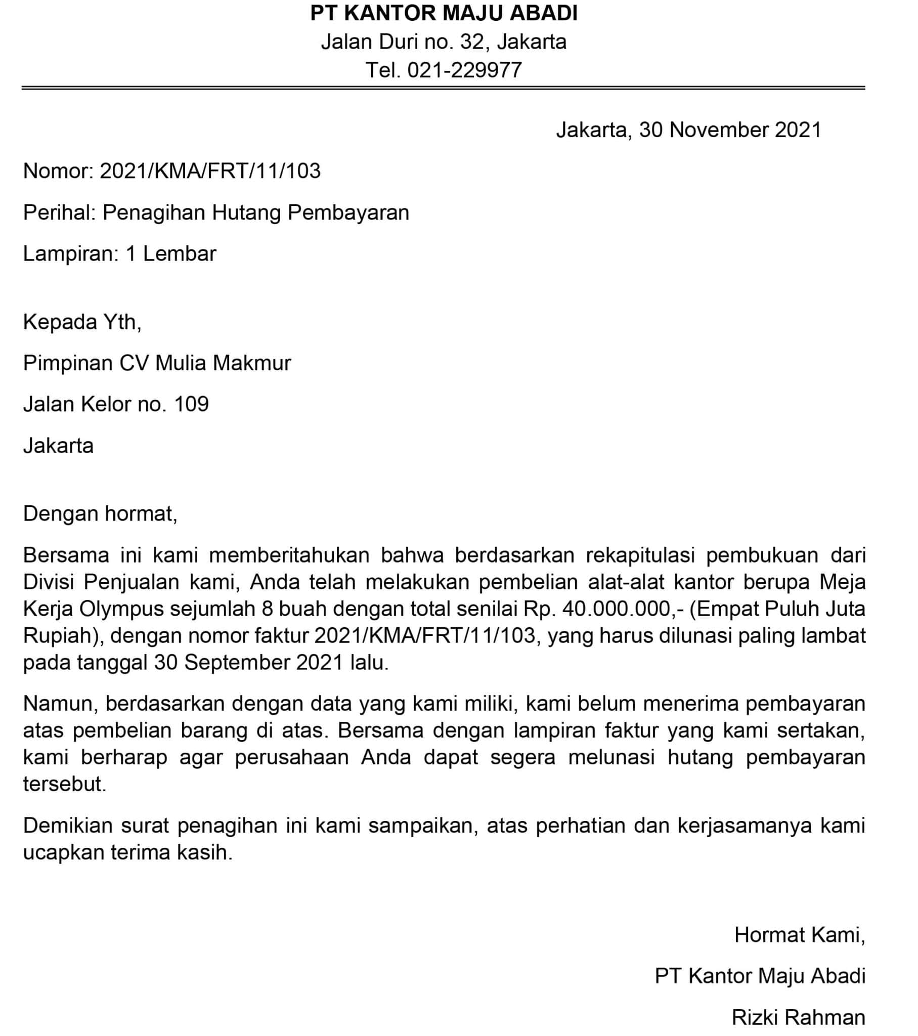 Contoh Surat Penagihan