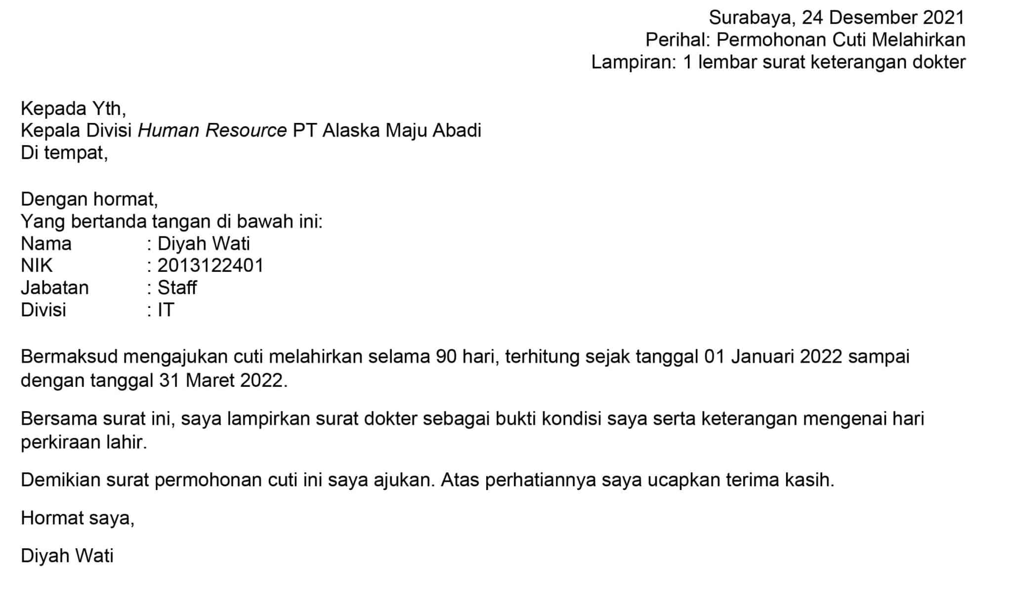 contoh surat cuti melahirkan