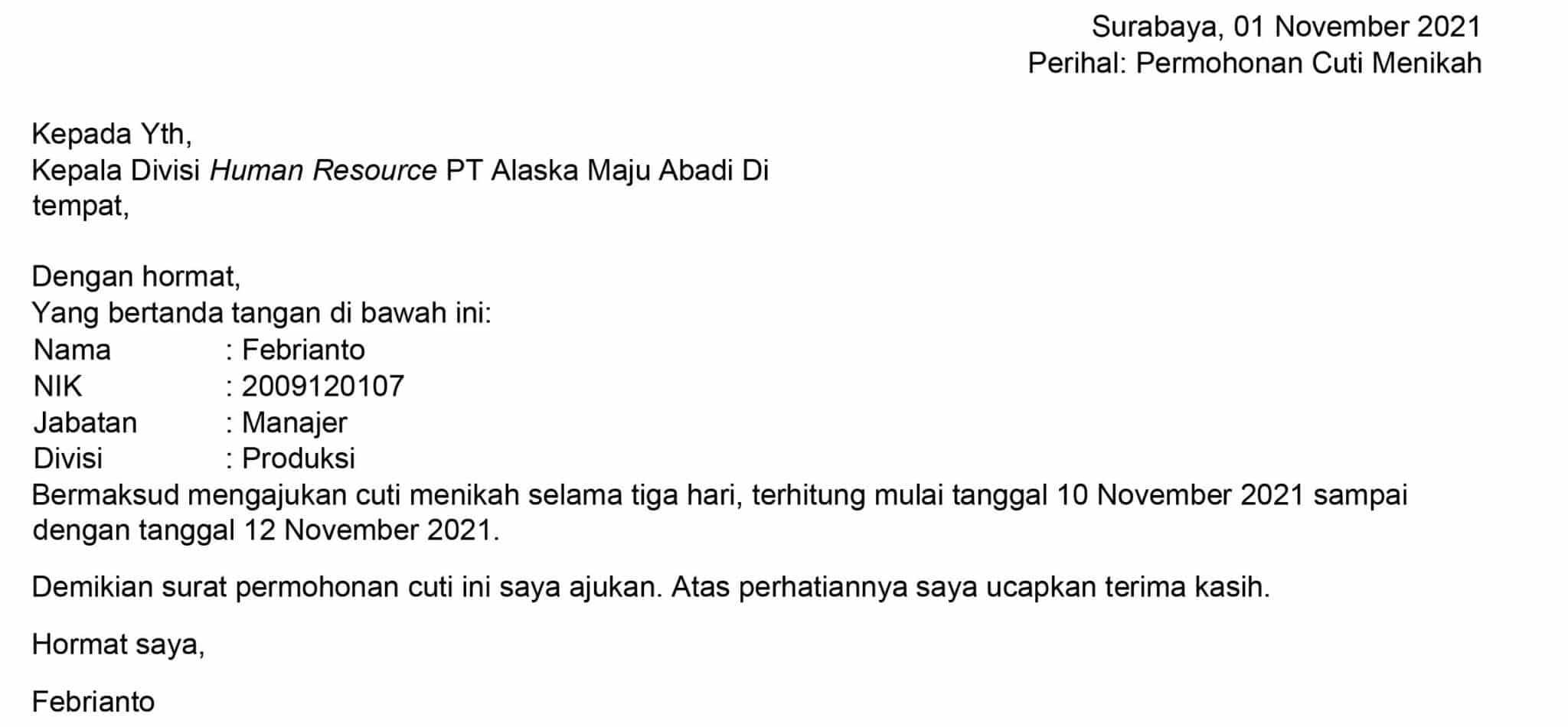 contoh surat cuti menikah