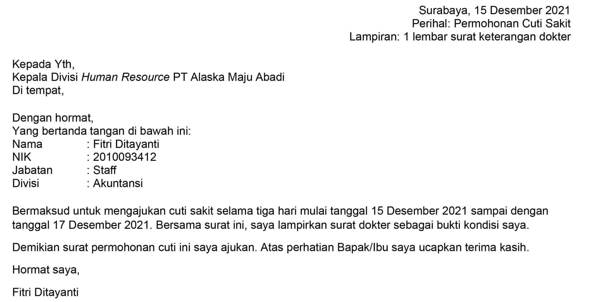 contoh surat cuti sakit