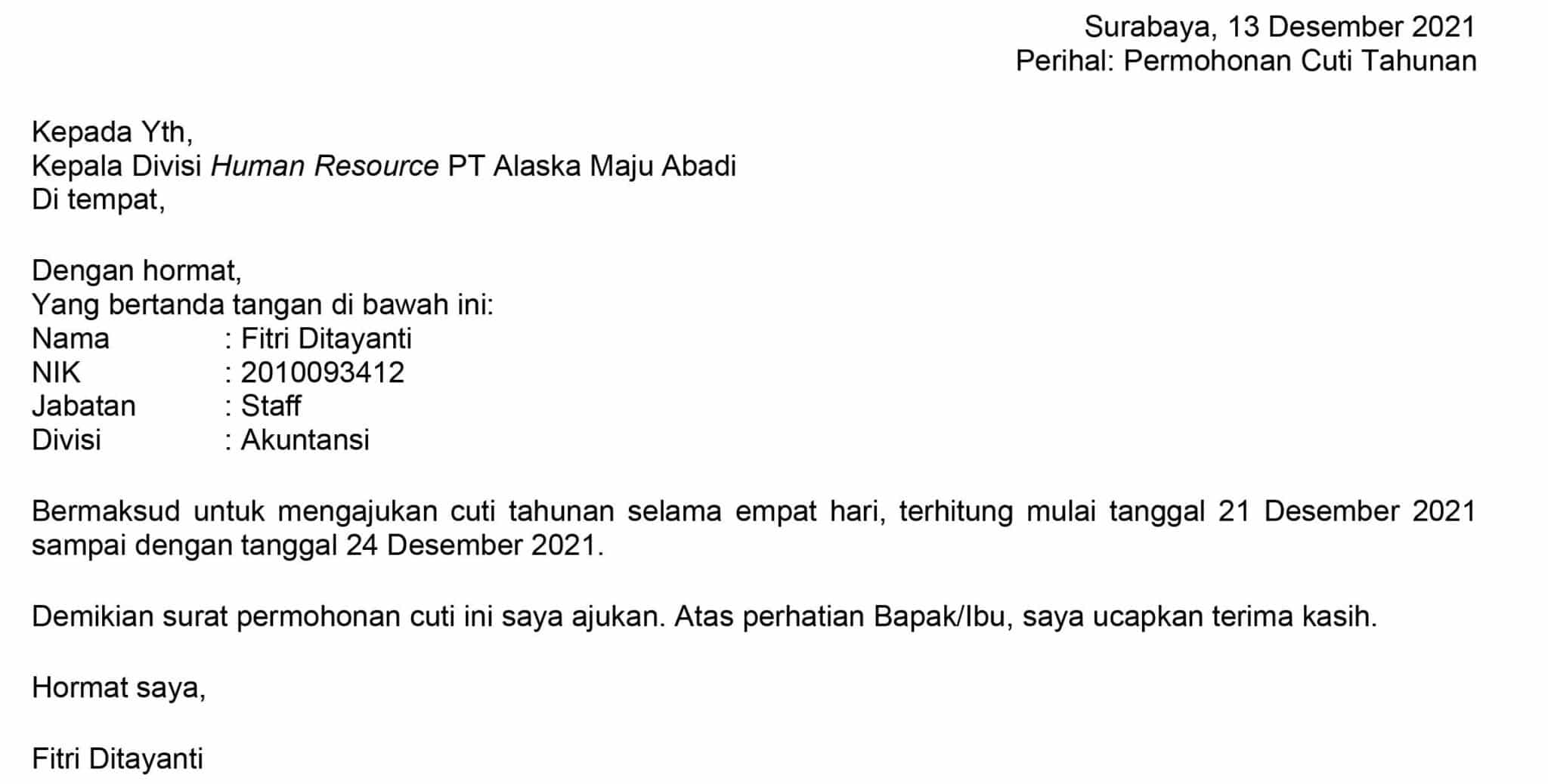 contoh surat cuti tahunan