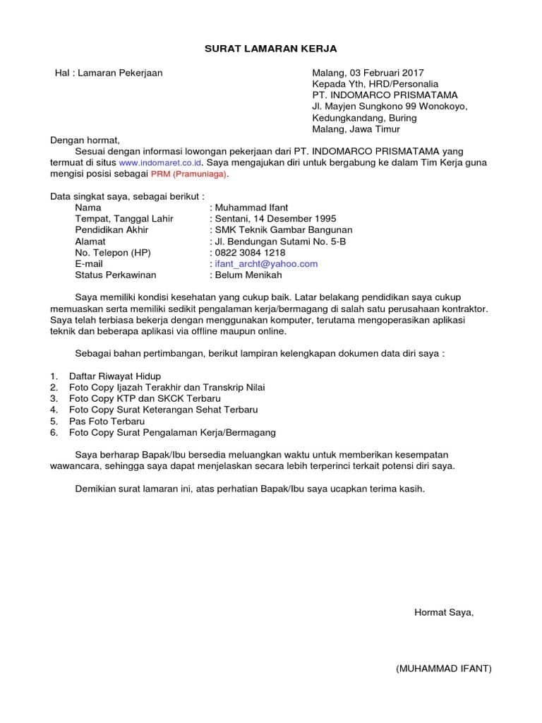 Contoh Surat Lamaran Kerja Indomaret/Alfamart