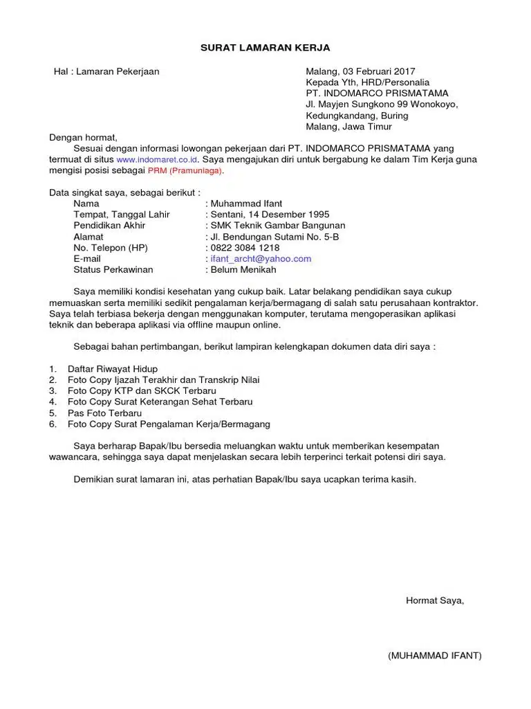 Contoh Surat Lamaran Kerja Indomaret/Alfamart