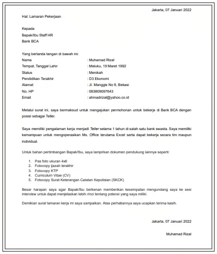 Contoh Surat Lamaran Kerja di Bank