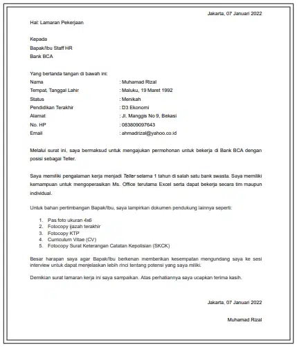 Contoh Surat Lamaran Kerja di Bank