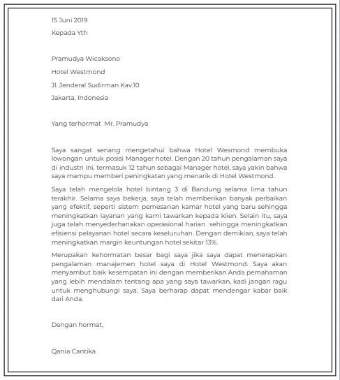 Contoh Surat Lamaran Kerja Hotel