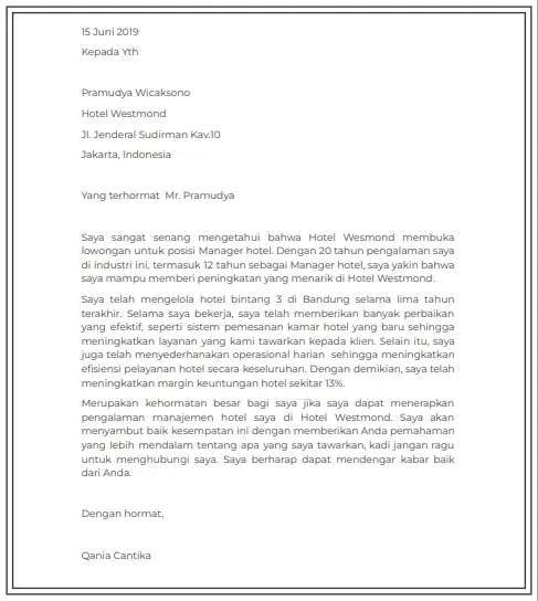 Contoh Surat Lamaran Kerja Hotel