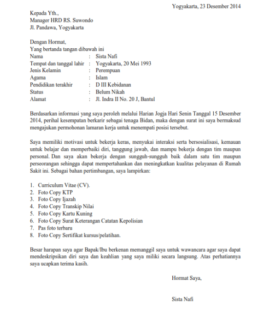 Contoh Surat Lamaran Kerja di Rumah Sakit