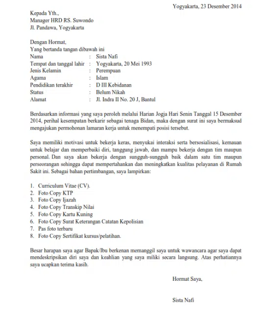 Contoh Surat Lamaran Kerja di Rumah Sakit