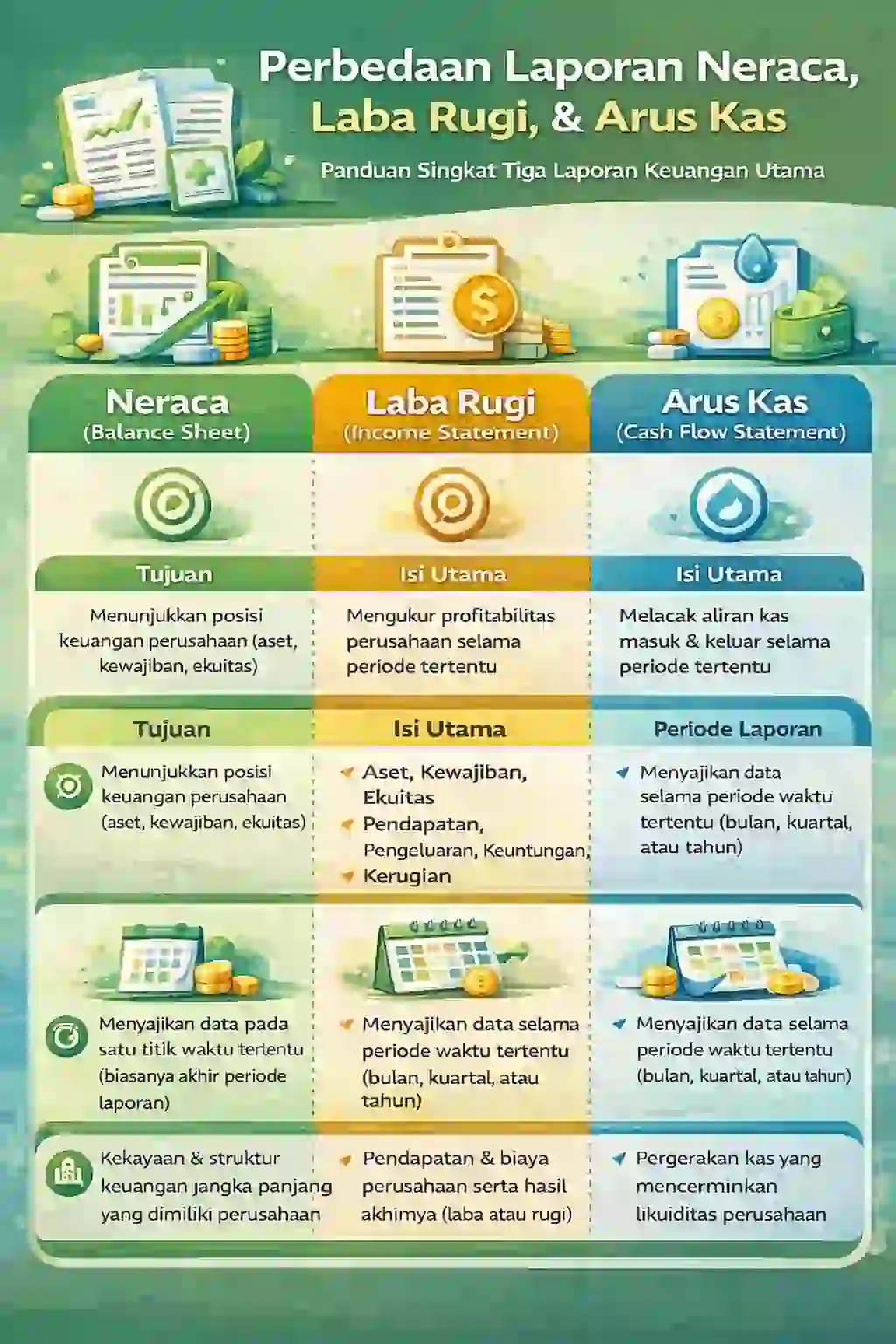 Perbedaan pada komponen-komponen ketiga Laporan Keuangan Akuntansi