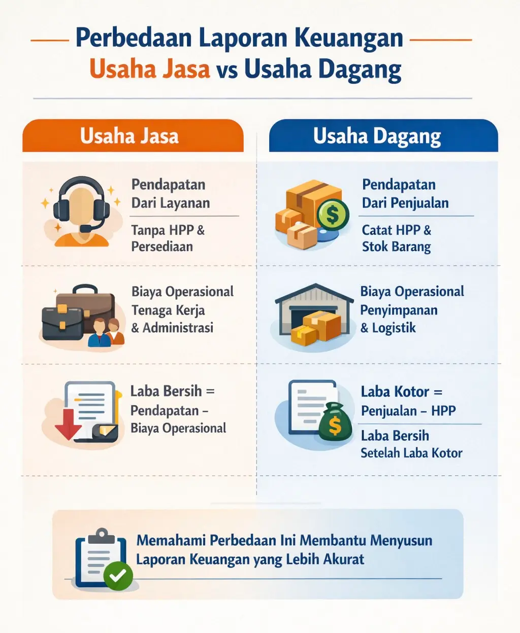 Perbedaan Laporan Keuangan Usaha Jasa vs Usaha Dagang