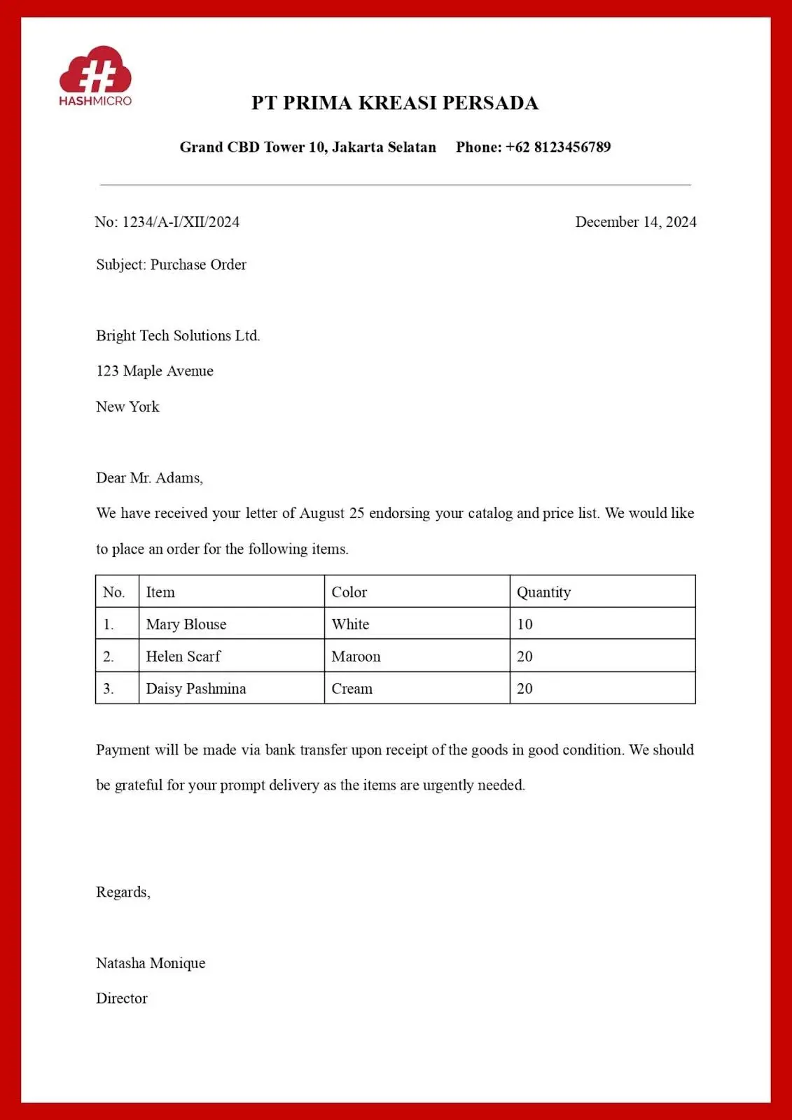 Surat pesanan barang bahasa Inggris