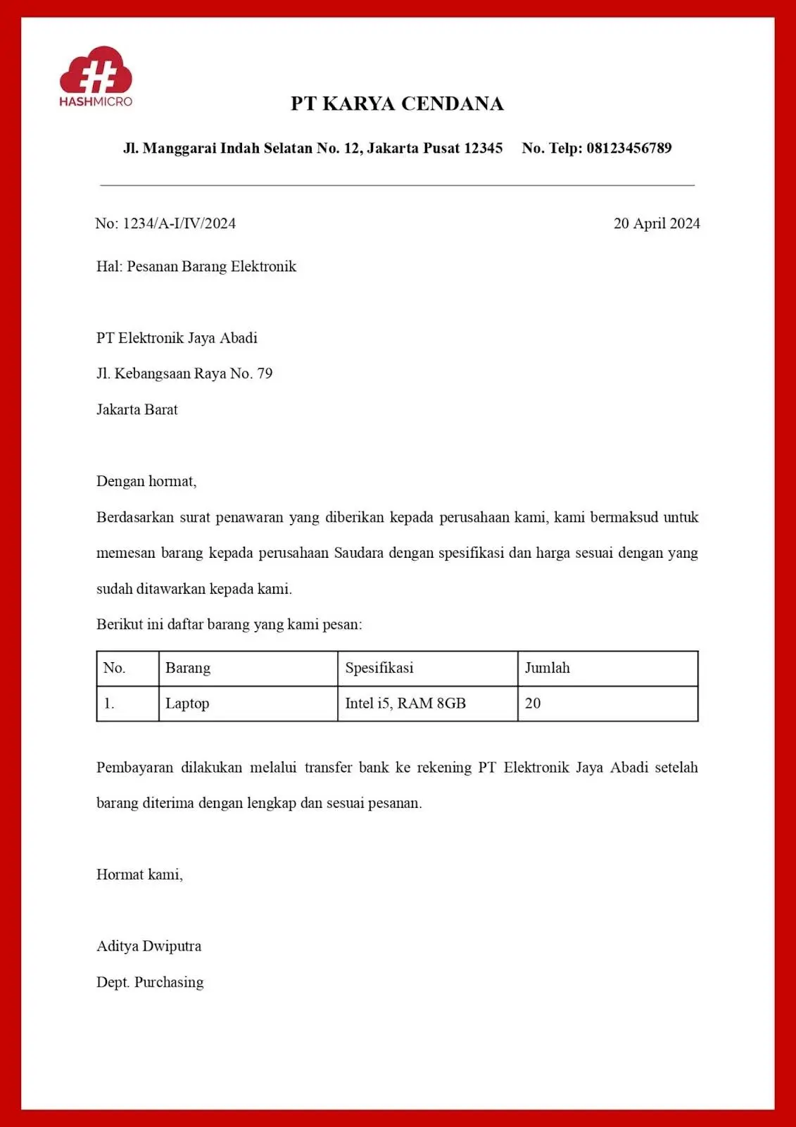 Surat pesanan barang elektronik