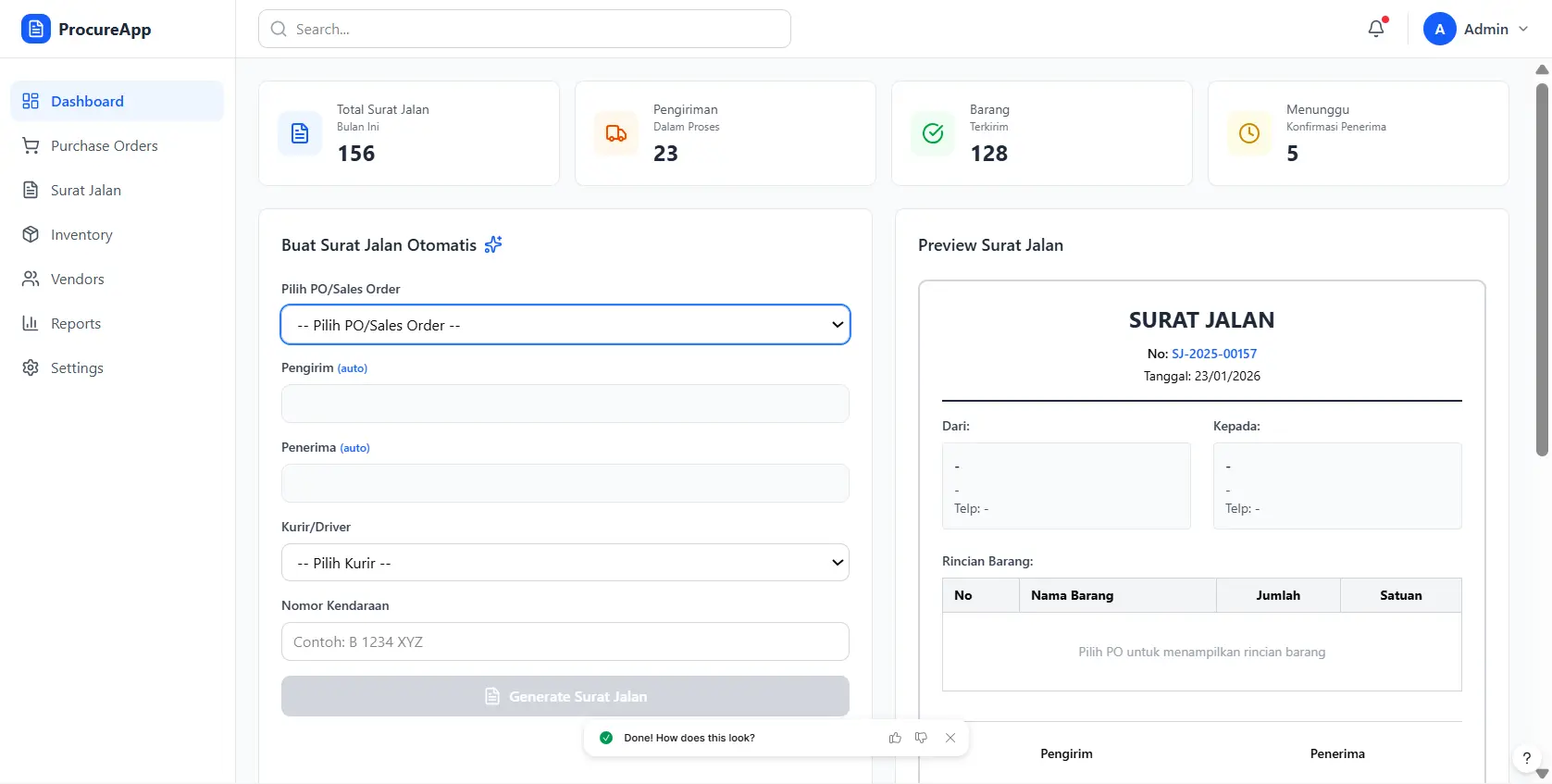 dashboard software procurement unutk surat jalan