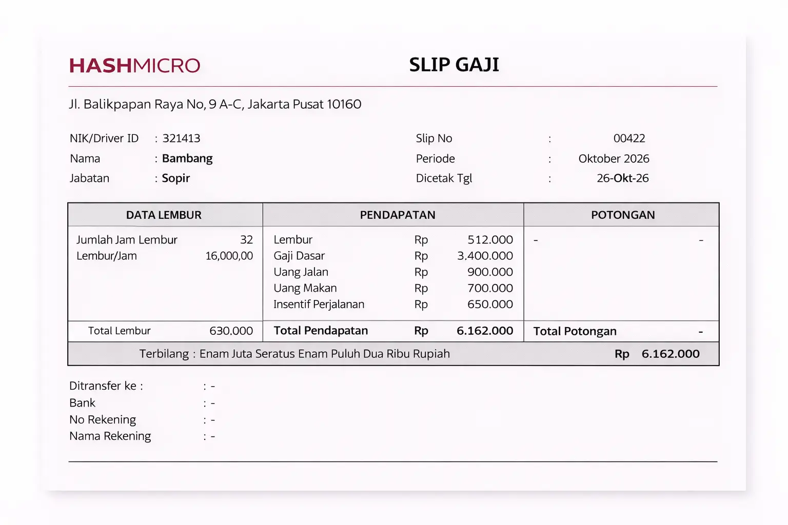 Contoh slip gaji sopir