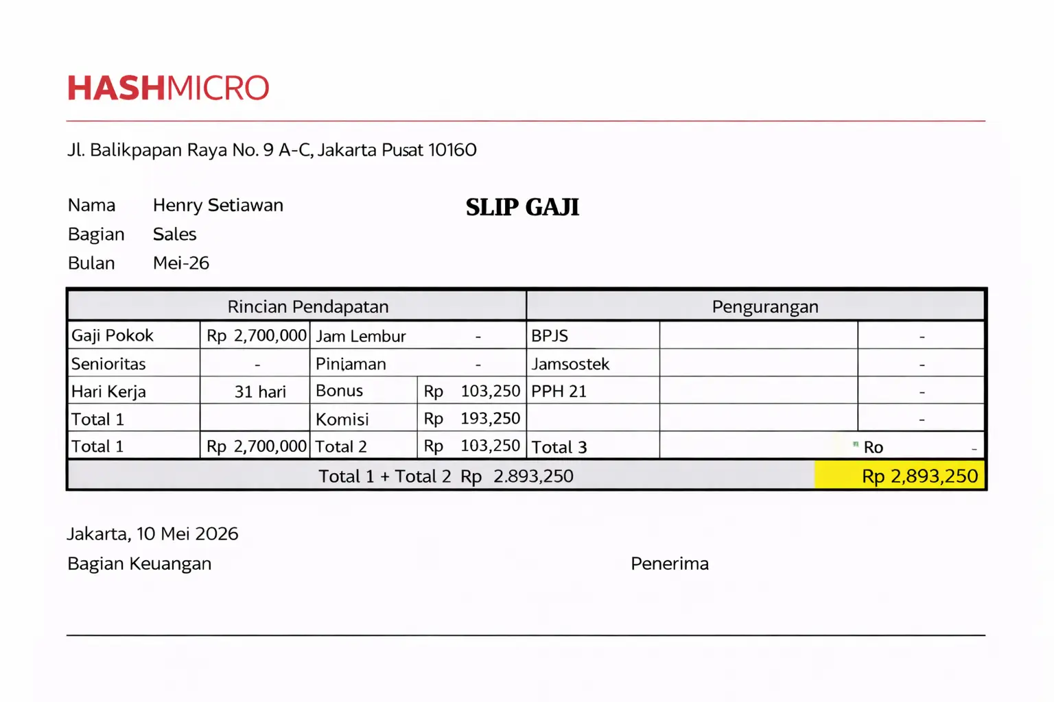 Contoh slip gaji staf sales