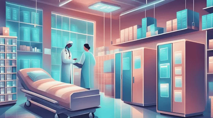 a doctor and a nurse who is checking on a room and their equipment using a hospital inventory management system